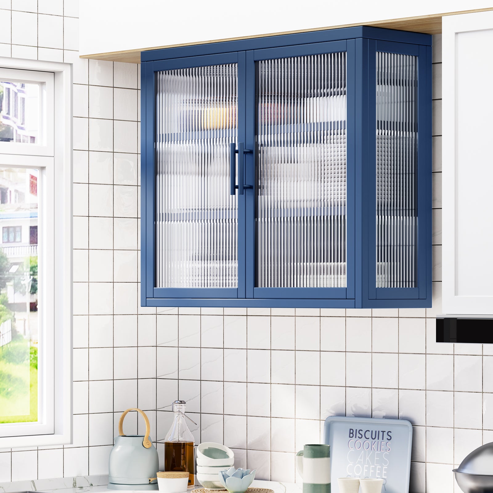 Retro Style Haze Double Glass Door Wall Cabinet With Detachable Shelves For Office, Dining Room,Living Room, Kitchen And Bathroom Blue Color Blue Tempered Glass Sheet Metal Plastic