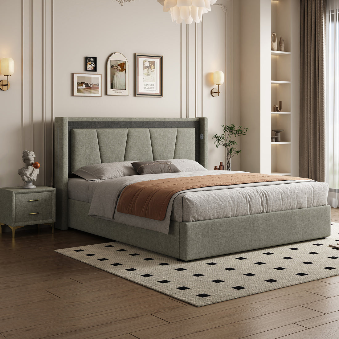 Queen Size, Cotton And Linen Fabric, Pneumatic Bed, With Storage Space Under The Bed, Stable Bed Structure,Dark Gray Queen Dark Gray Mdf Acacia