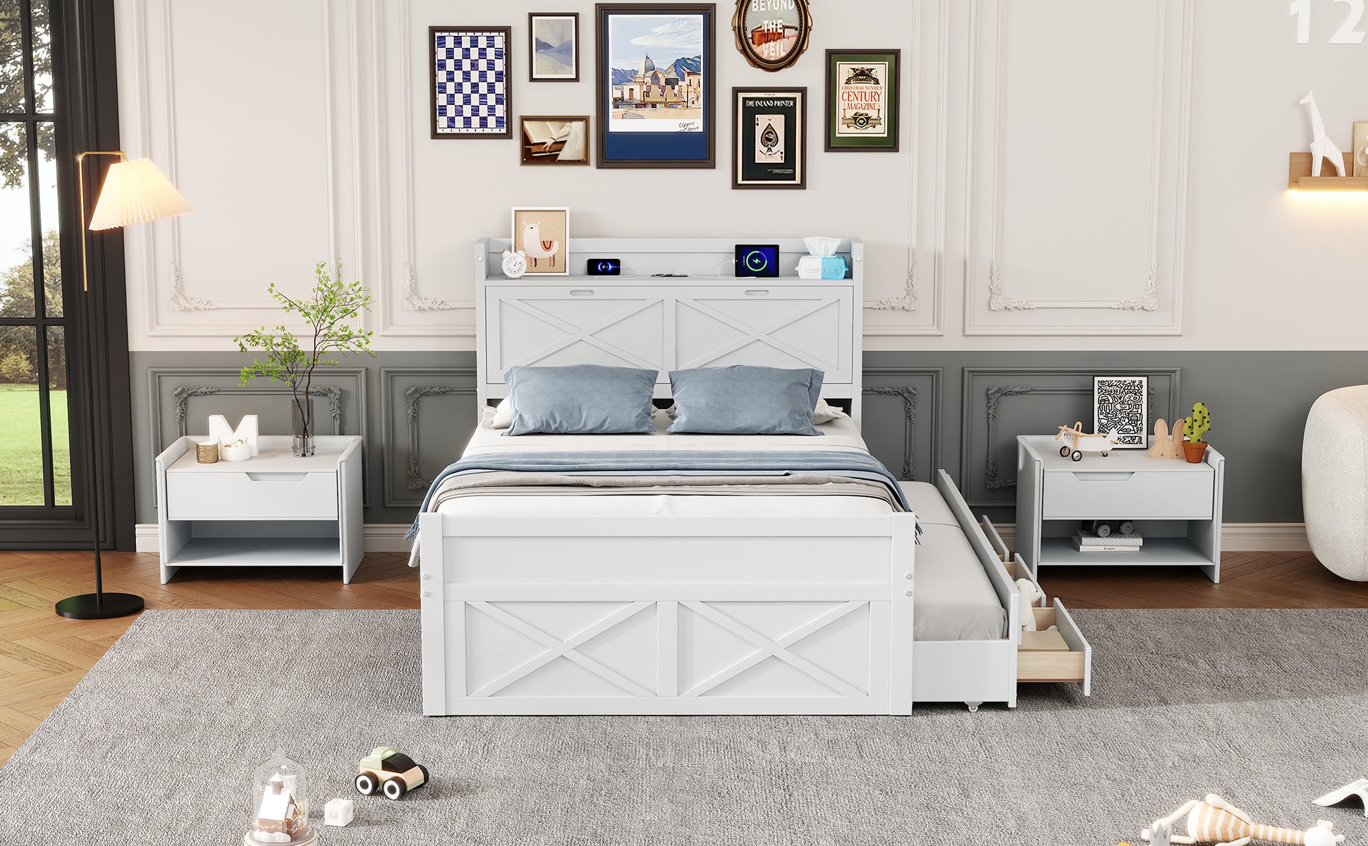 Full Size Wooden Bed With Storage Headboard With Outlets, Extendable Bed With Twin Size Trundle With Three Storage Drawers,White Expected Arrival Time:8.23 Full White Wood