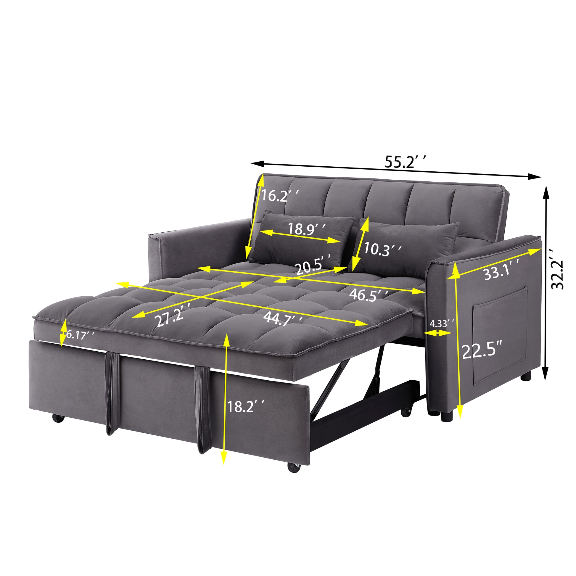 55.1 Inch 3 In 1 Convertible Sofa Bed, Modern Velvet Double Sofa Futon Sofa Bed With Adjustable Back, Storage Bag And Pillow, For Living Room, Bedroom Dark Grey Dark Grey Metal & Wood 2 Seat