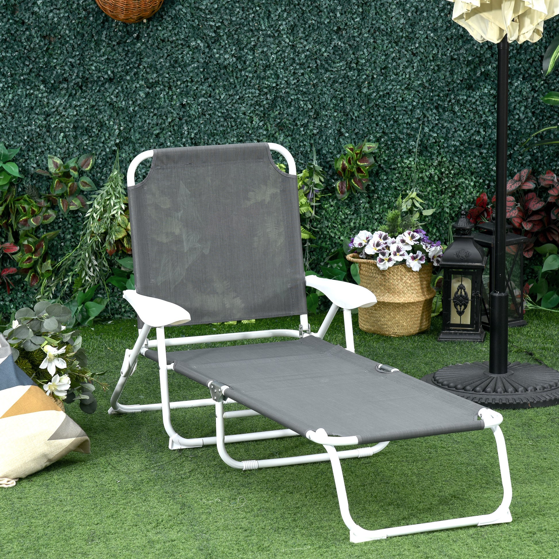 Outsunny Folding Chaise Lounge, Outdoor Sun Tanning Chair, 4 Position Reclining Back, Armrests, Metal Frame And Mesh Fabric For Beach, Yard, Patio, Dark Gray Dark Grey Metal