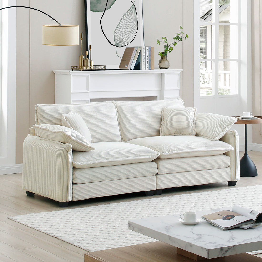 Warm And Cozy Living Room Sofa With 4 Pillows Upholstered Large Deep Seat 2 Seater Sofa For Living Room, Beige Corduroy Beige Corduroy 2 Seat