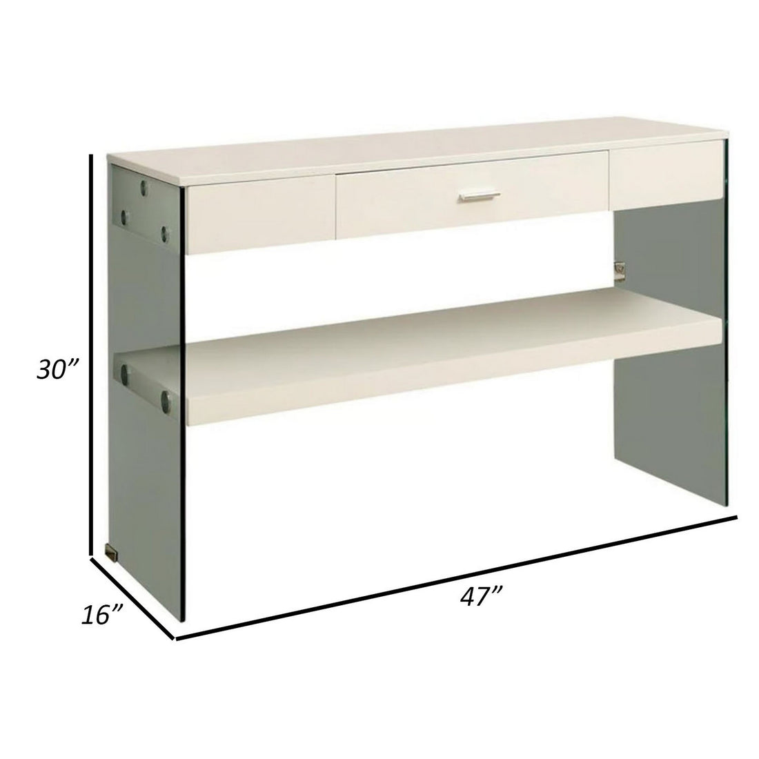 Stub 47 Inch Sofa Console Table, Glossy White Wood, Glass Panels, 1 Drawer White Wood