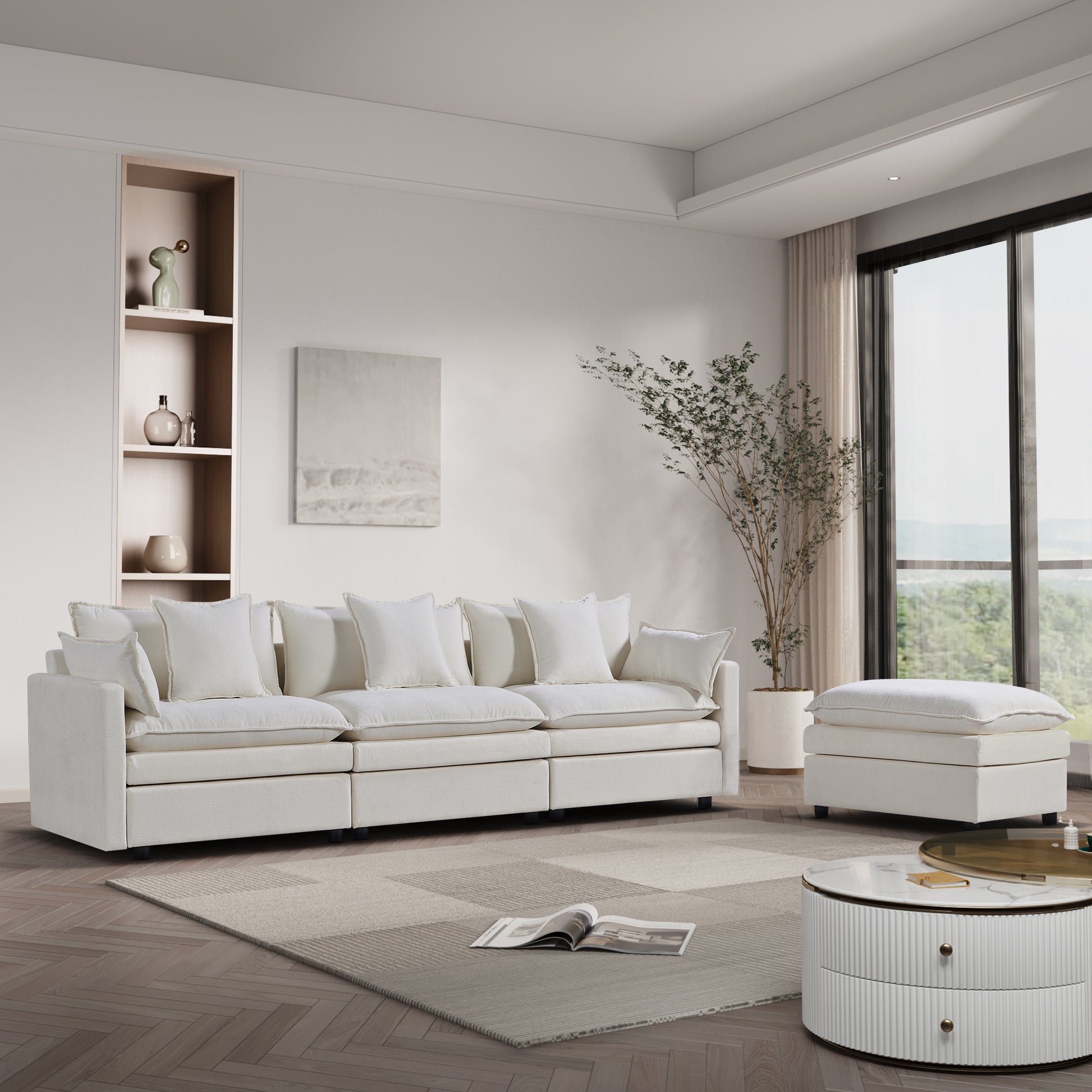 108.66"Modern Chenille L Shaped Sectional Sofa With Convertible Chaise, Comfy Cloud Couch Deep Sectional Sofa With Ottomans For Living Room White Wood Foam Chenille 3 Seat