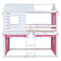 Full Size Bunk Wood House Bed With Tent, Pink White Full Pink White Solid Wood Mdf