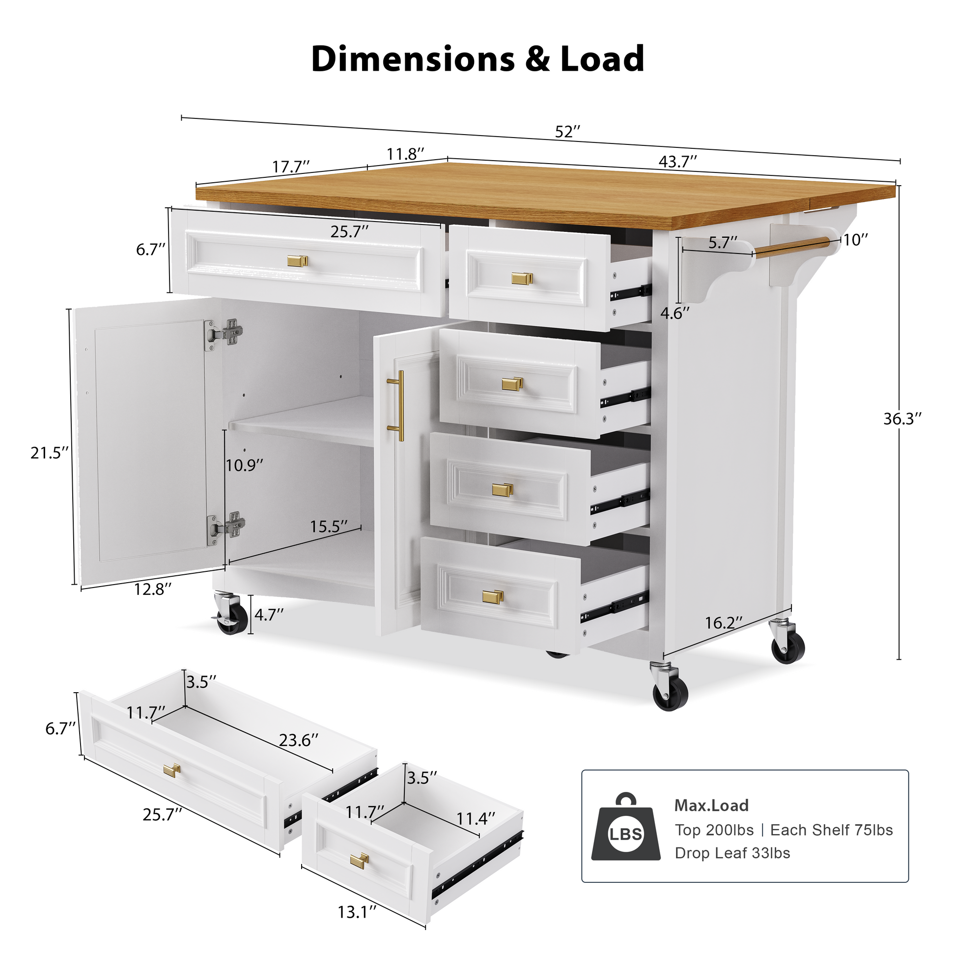 K&K 52'' Kitchen Island With Drop Leaf, Embossed Texture Kitchen Island On Wheels With Spice Rack, Towel Rack, 2 Doors And 5 Drawers, Kitchen Storage Cart With Adjustable Shelf For Kitchen, White