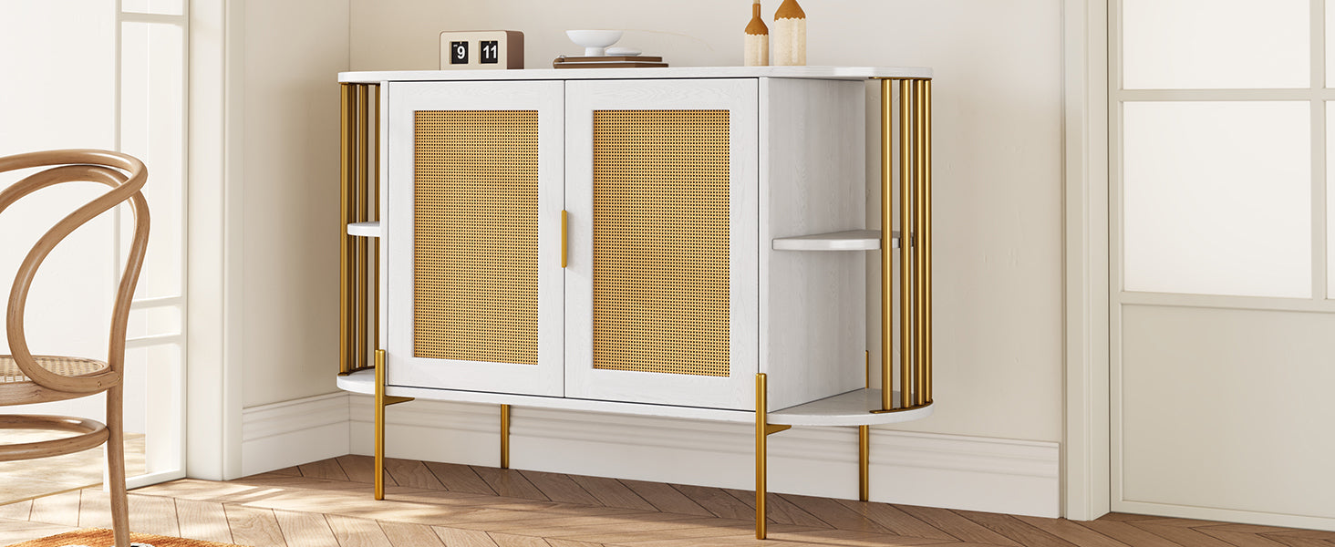 2 Door Elegant Curved Dining Cabinet With Gold Trim And Woven Rattan Doors For Dining Room White White Particle Board