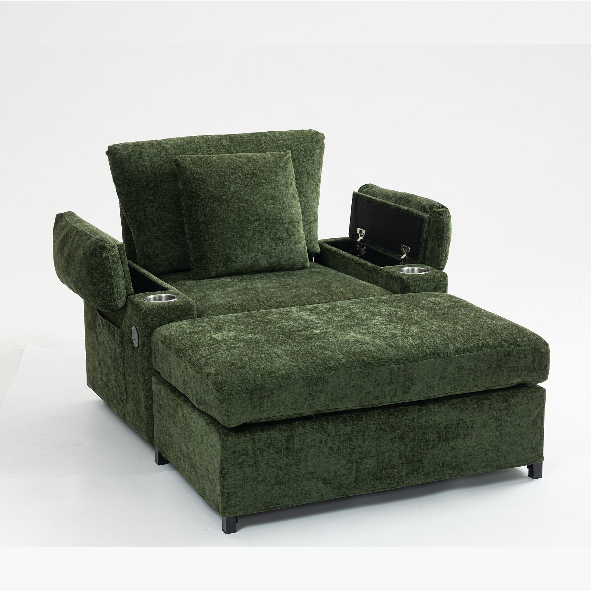 Modern Oversized Chair With Ottoman,Chenille Fabric Sofa Bed,Accent Chair Comfy Sofa With Cupholders And Usb Charging Ports Chair For Living Room,Bedroom,Apartment Green Chenille