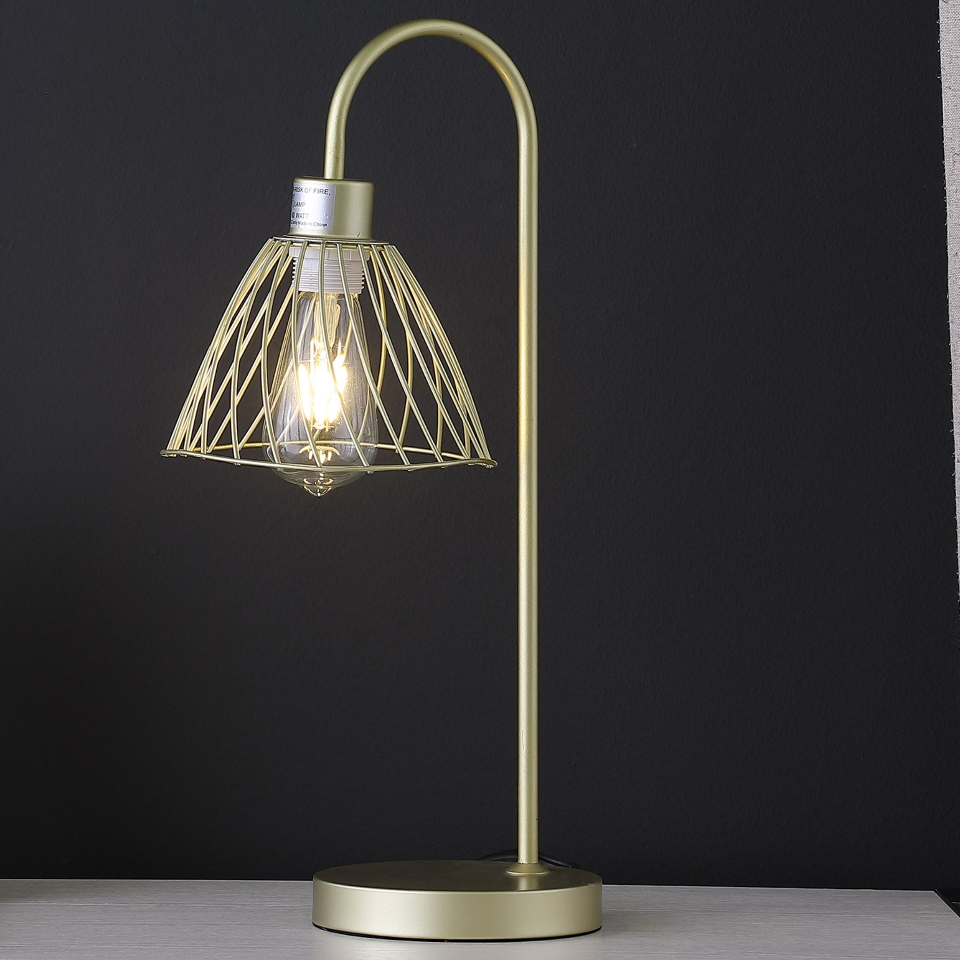 20.5" In Industrial Farm Pendant Cage Satin Matte Gold Metal Table Lamp Gold Metal