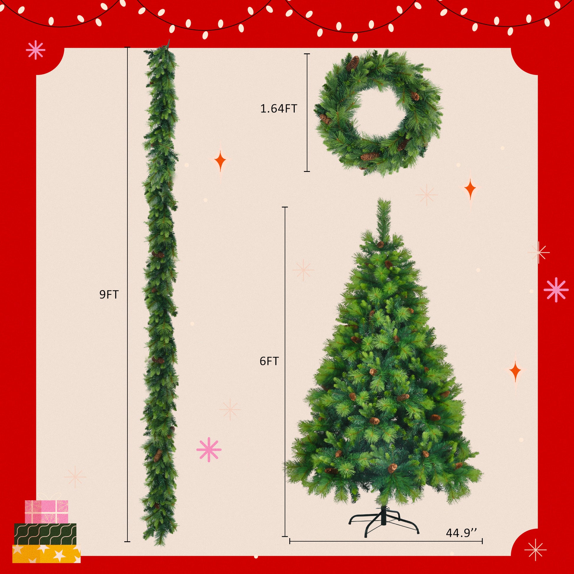 6Ft Grass Green Christmas Tree, Large Branches Pine Tree, Pre Lit Set With Tree & Garland & Wreath, Artificial Christmas With Pine Cones, Hinged Xmas Treefor Holiday Party Ofiice Home Green Polyethylene,Pvc