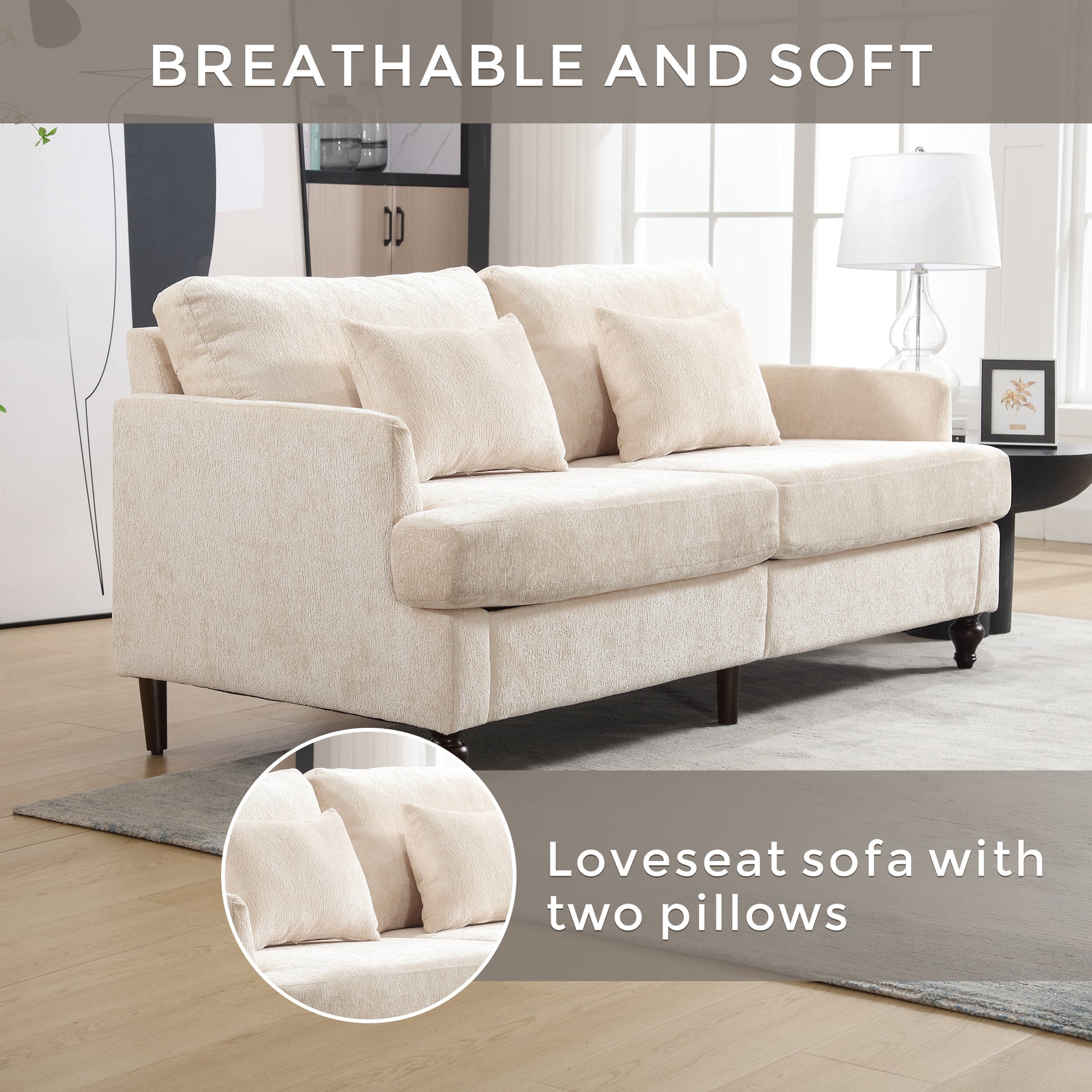 Coolmore Mid Century Modern Chenille Fabric Loveseat Sofa, 2 Seat Upholstered Loveseat Sofa Modern Couch For Living Room,Brown Wood Feet Sofa For Bedroom, Reading Beige Chenille Beige Chenille 2 Seat