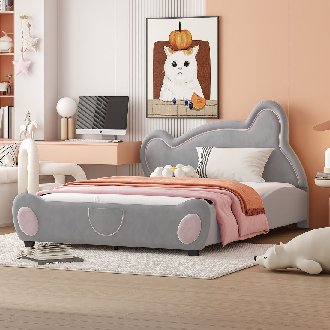 Full Size Velvet Platform Bed With Bear Shaped Headboard, With Bed End Storage Pocket, Gray Full Gray Plywood