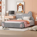 Full Size Velvet Platform Bed With Bear Shaped Headboard, With Bed End Storage Pocket, Gray Full Gray Plywood