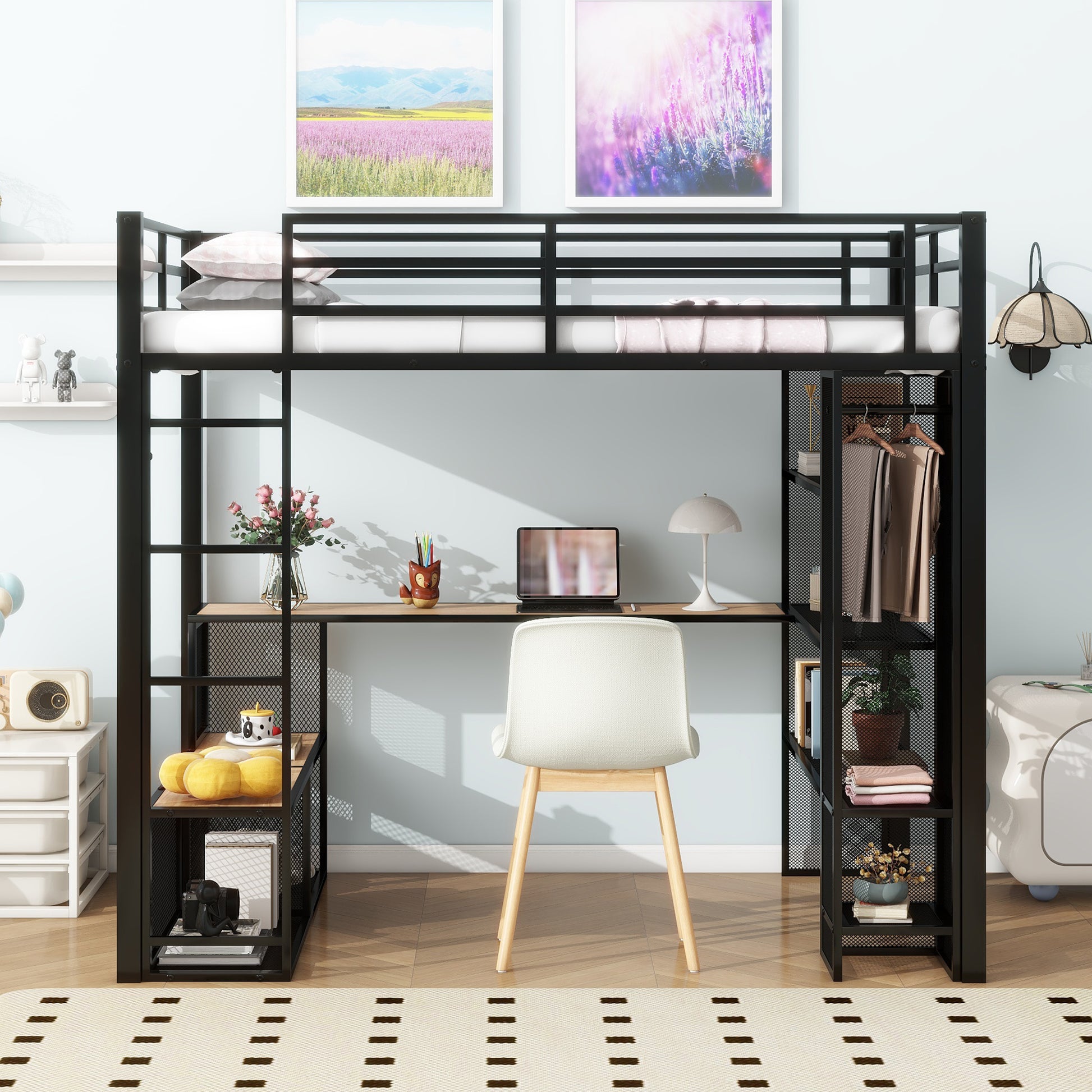 Full Size Metal Loft Bed With Storage Iron Mesh And Mdf Shelves And Open Wardrobe,Black Black Metal