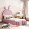 Twin Size Upholstered Rabbit Shape Bed With 2 Storage Stools, Velvet Platform Bed With Cartoon Ears Shaped Headboard, Pink Twin Pink Wood