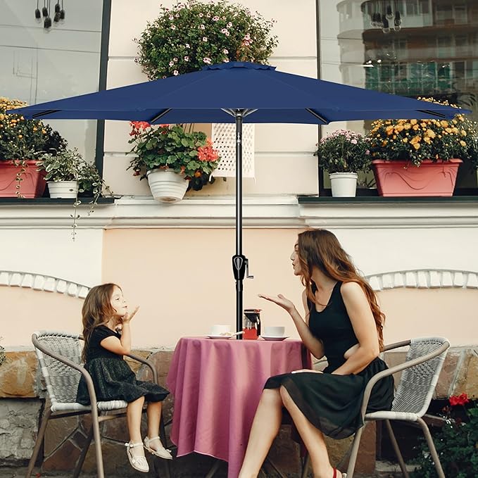 10Ft Outdoor Market Patio Umbrella With 8 Sturdy Ribs, Tilt Crank Push Button For Garden, Deck, Backyard And Pool Dark Blue Stainless Steel