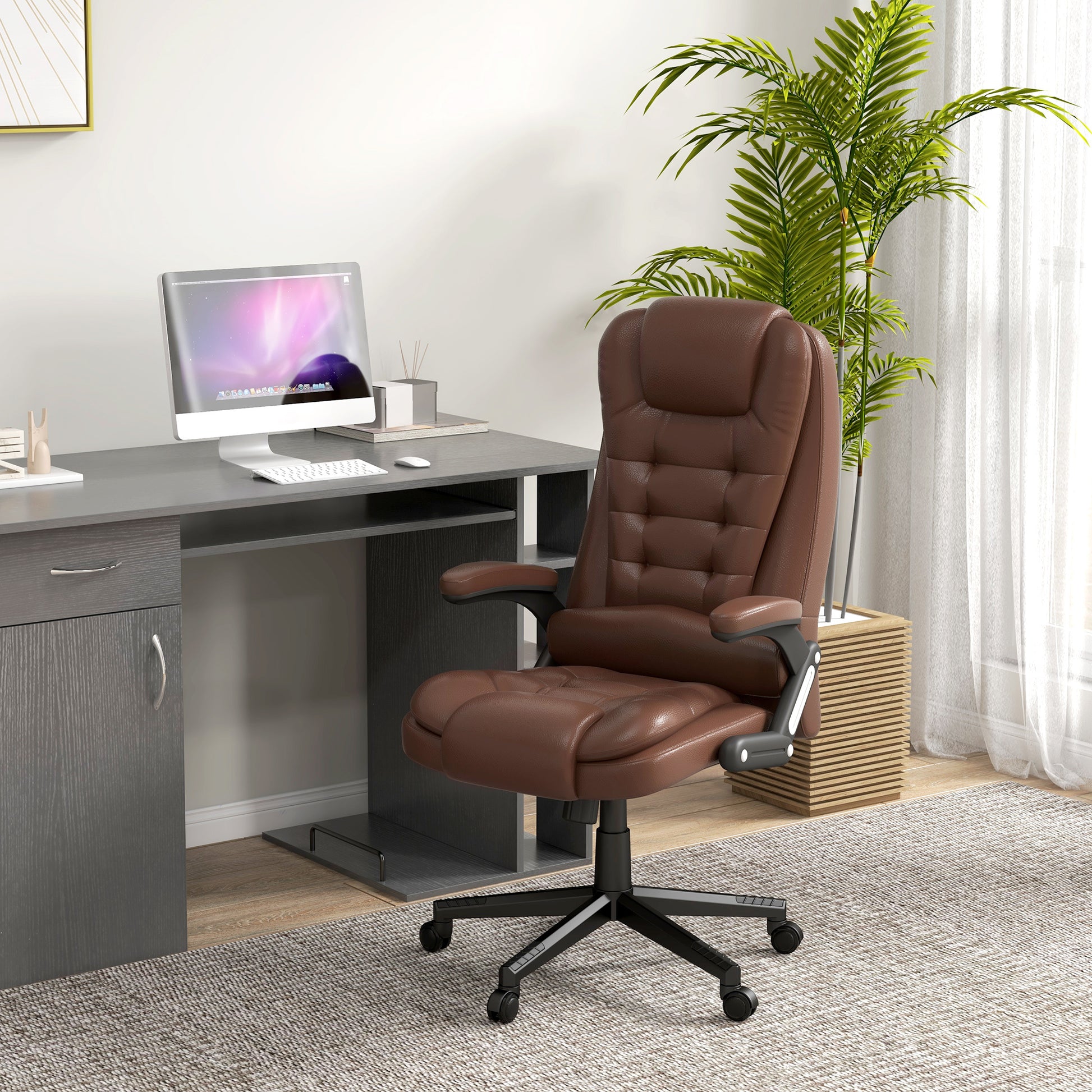 Homcom High Back Vibration Massage Office Chair With 6 Vibration Points, Heated Reclining Pu Leather Computer Chair With Armrest And Remote, Brown Brown Pu