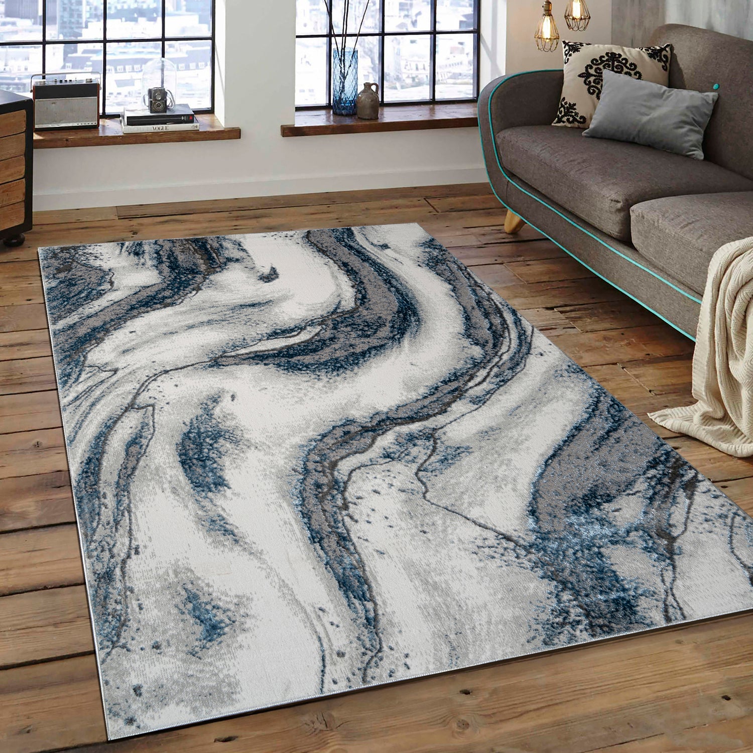 "Ziv" Luxury Area Rug In Blue And Grey Abstract Design Multicolor Polyester