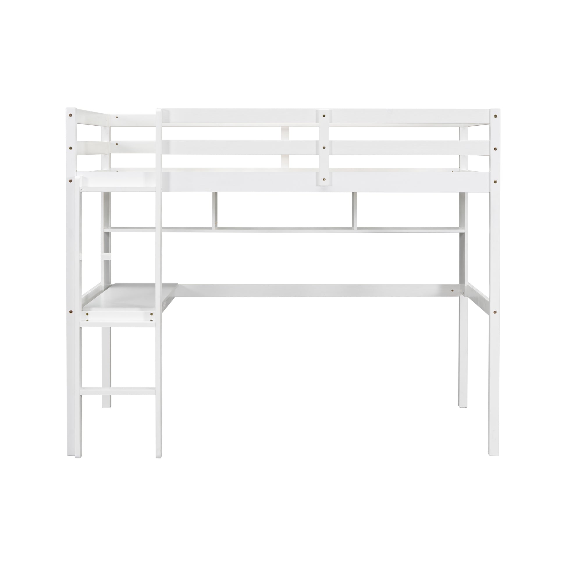 Twin Loft Bed With Built In Desk And Bookcase Of Three Compartments, Guardrails And Ladder,White Twin White Pine