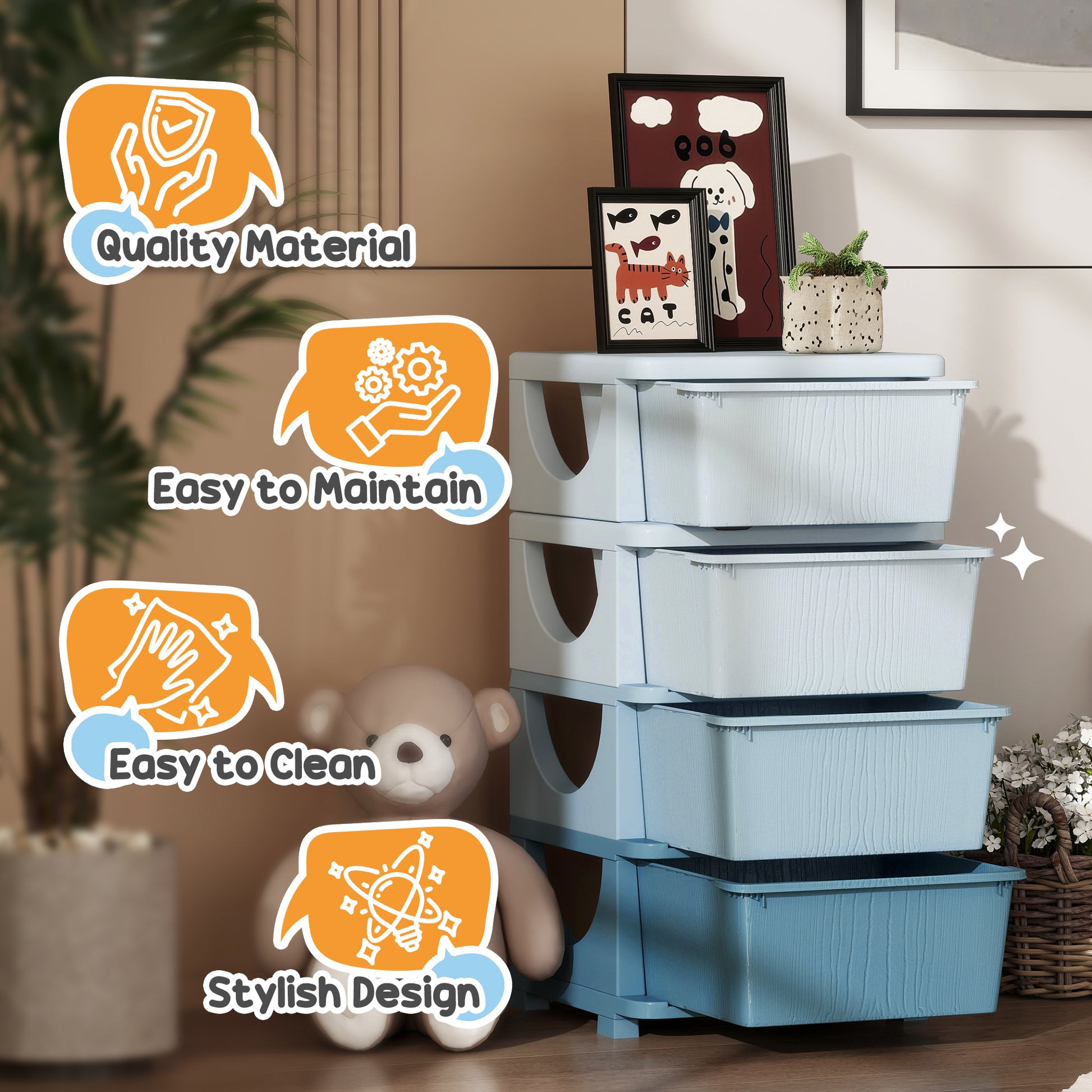 Qaba 4 Tier Kids Storage Unit, 4 Drawer Chest Toy Organizer Plastic Bins For Kids Bedroom Nursery Kindergarten Living Room For Boys Girls Toddlers, Blue Blue Plastic