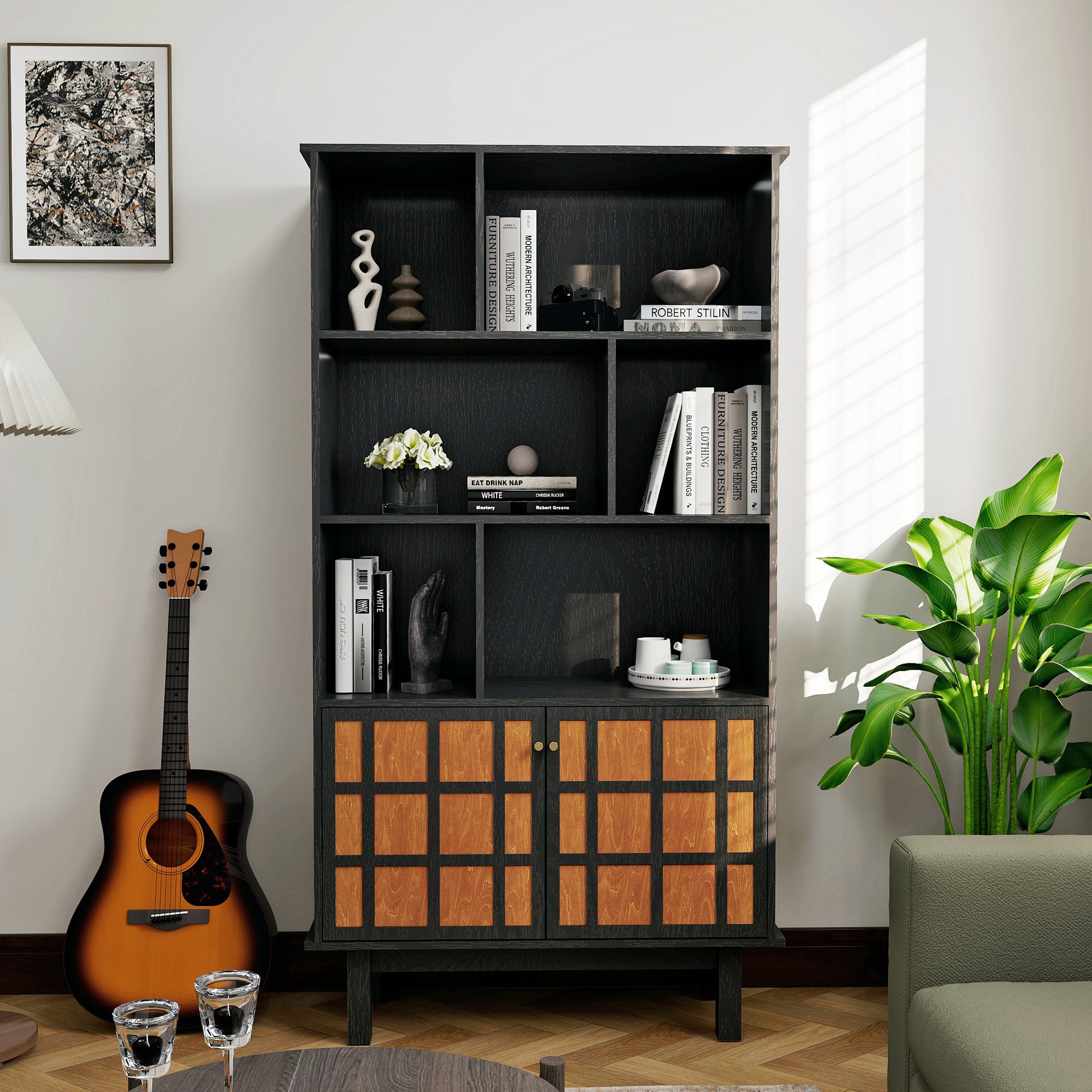 Bookcase With Cabinet, Bookshelf With Doors, Black&Honey Black Vertical Primary Living Space Closed Back Wood With Doors Mdf