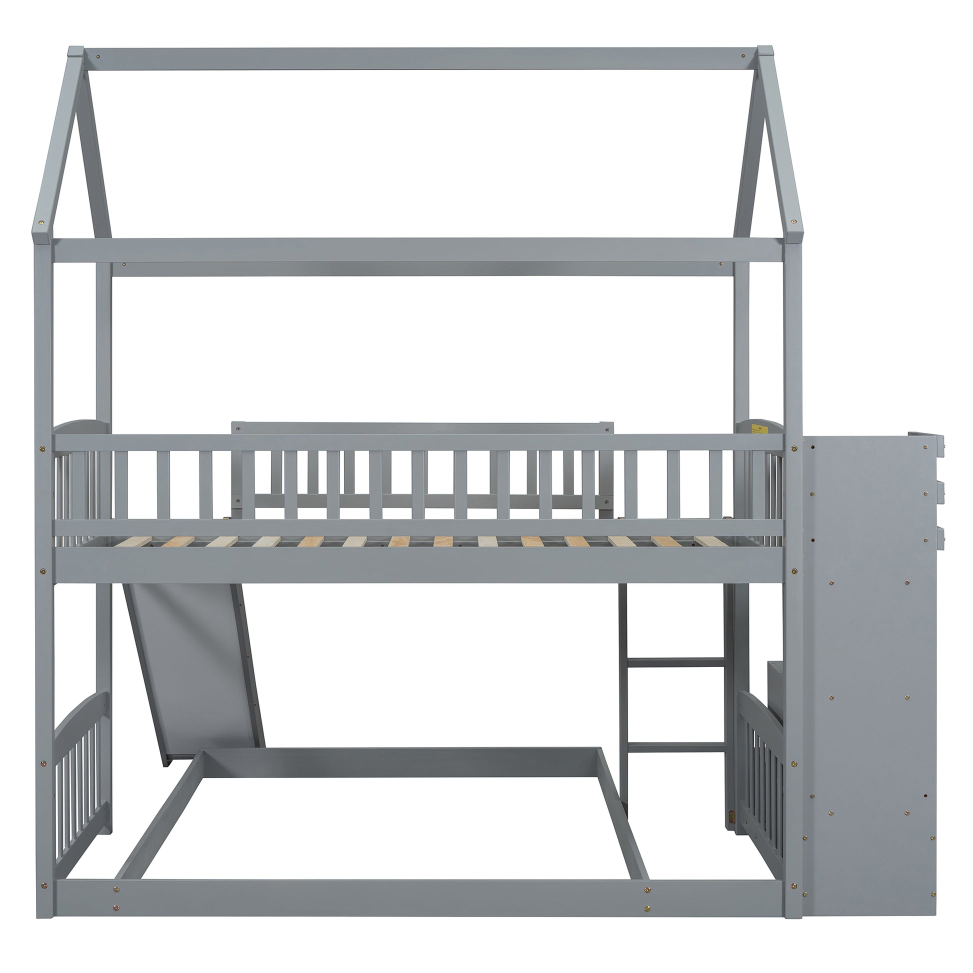 Twin Over Twin Bunk Bed With Two Drawers And Slide, House Bed With Slide, White Old Sku :Lt000129Aae Gray Pine