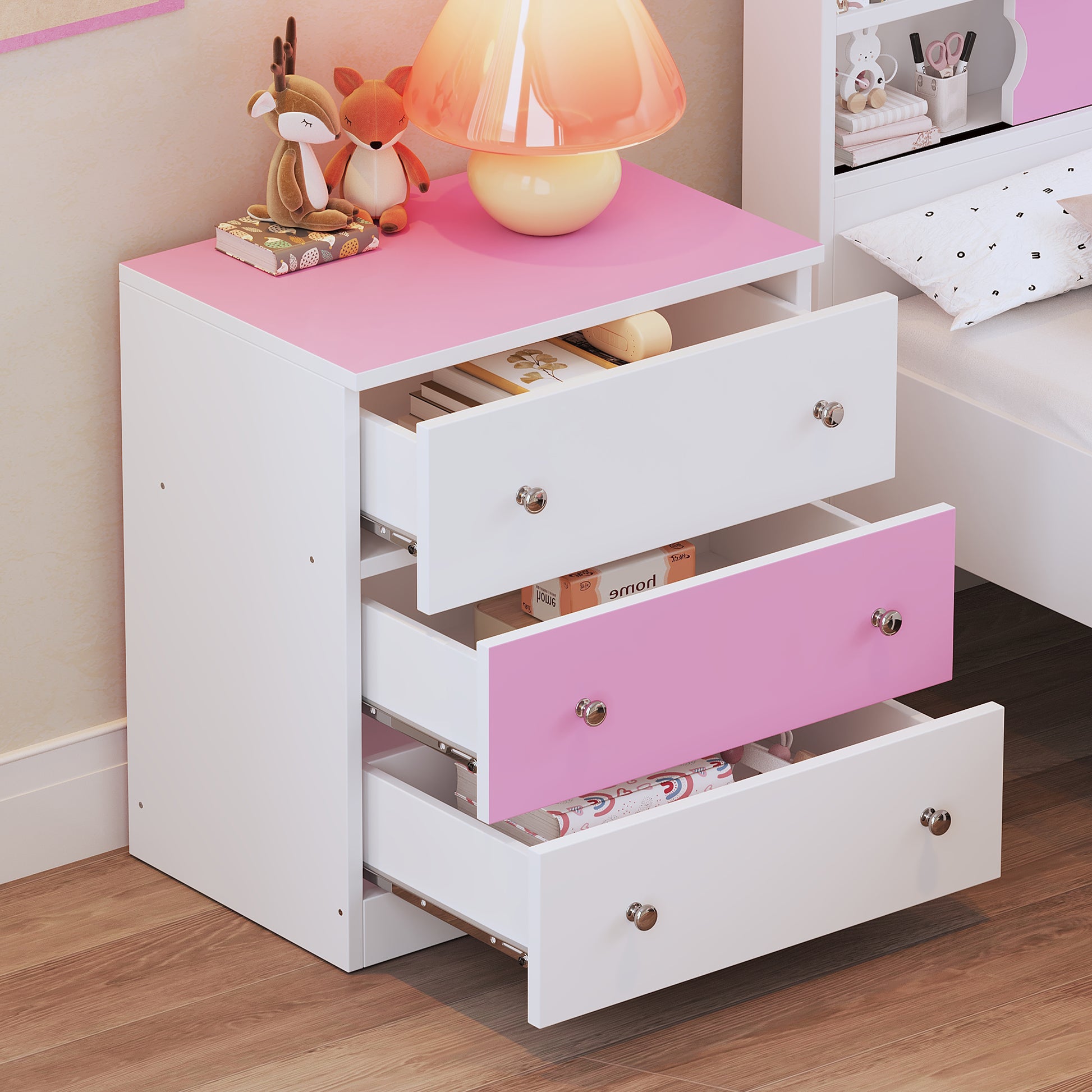 3 Drawer Wooden Nightstand With Colorblock Design And Plastic Handle, Wood Side Table With Storage Cabinet For Bedroom, White Pink White Pink Wood