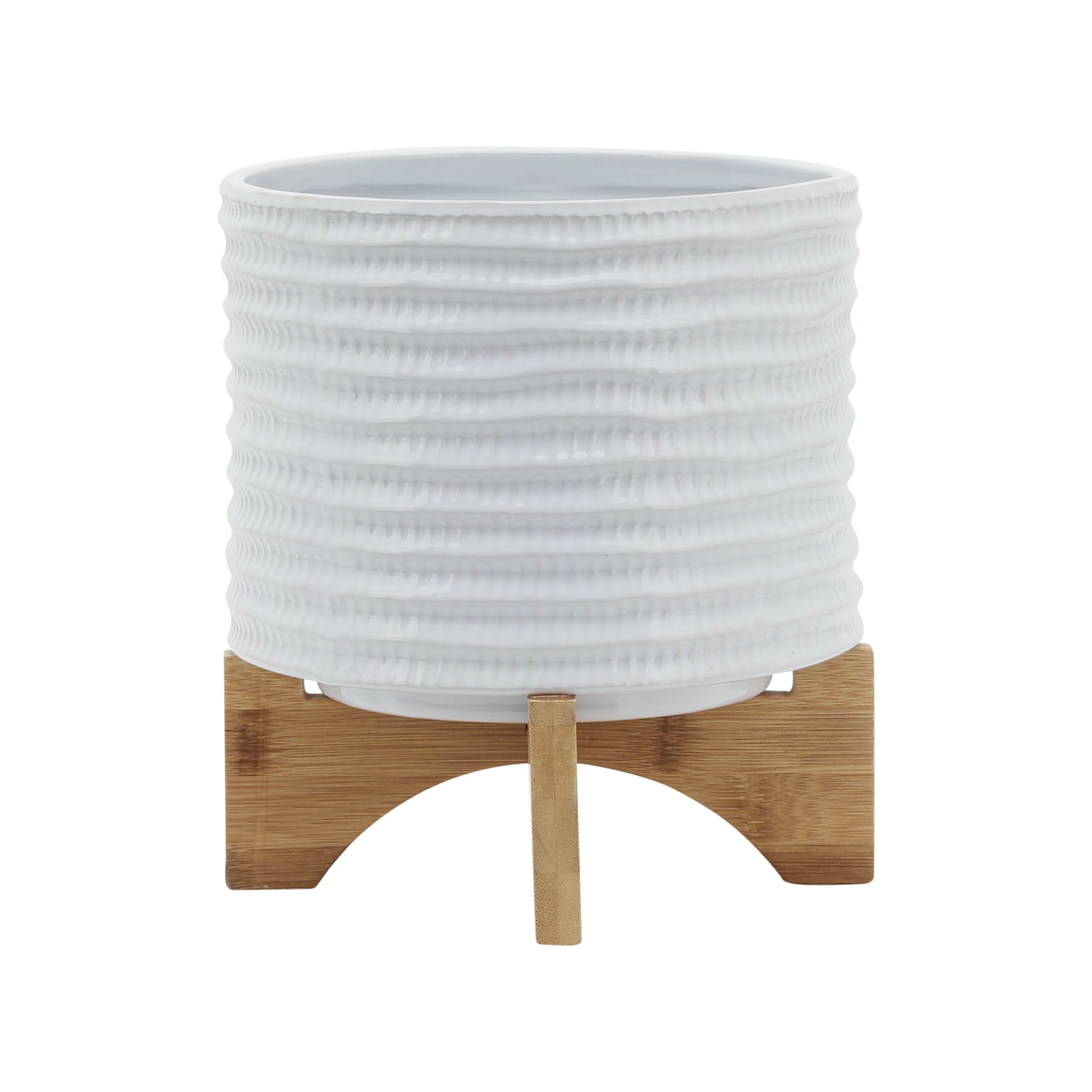 8" Textured Planter W Stand, White White Ceramic