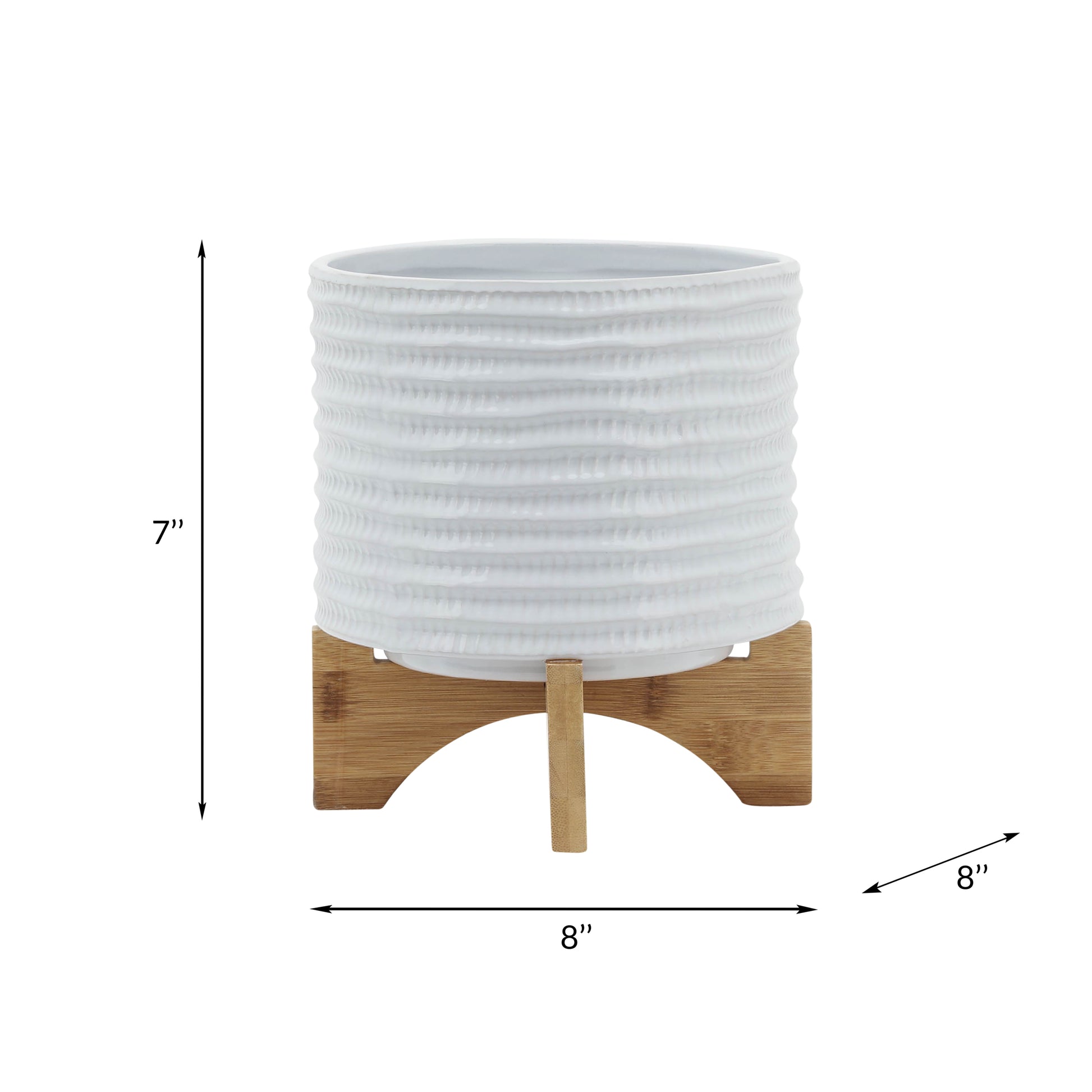 8" Textured Planter W Stand, White White Ceramic