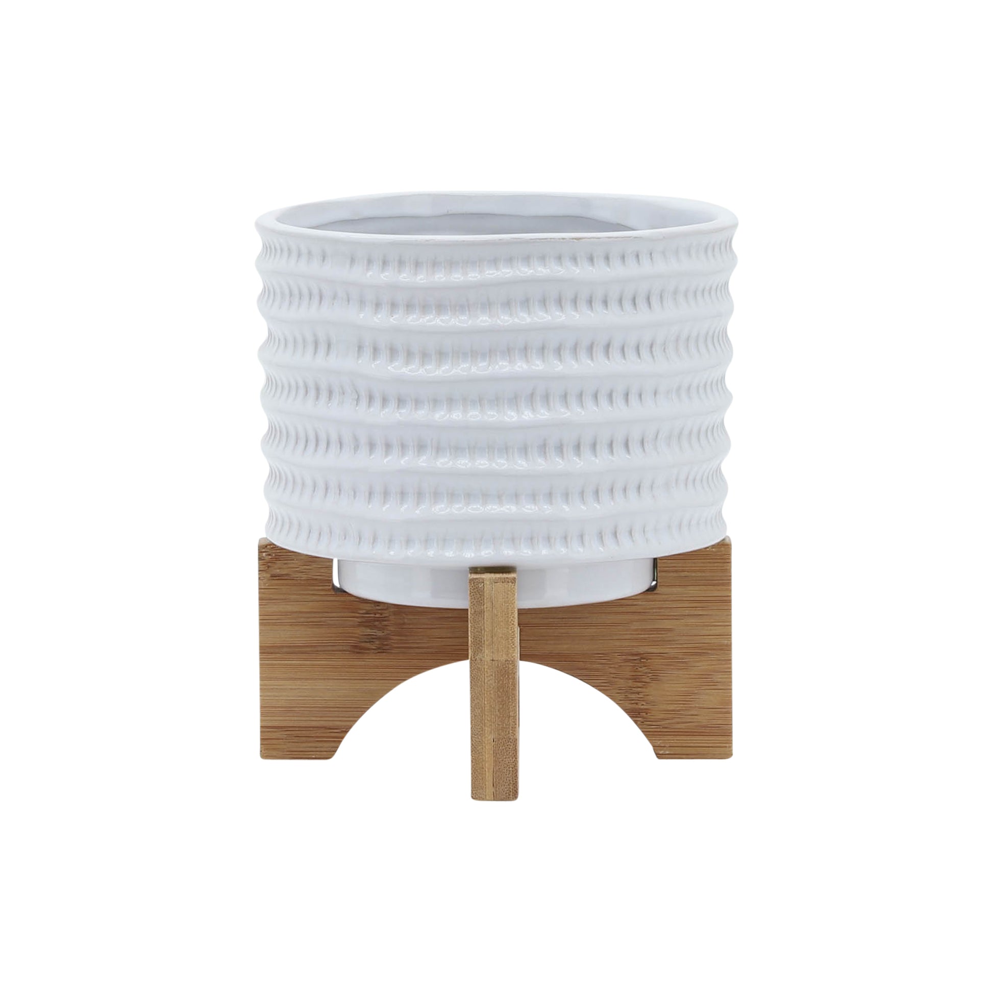 5" Textured Planter W Stand, White White Ceramic