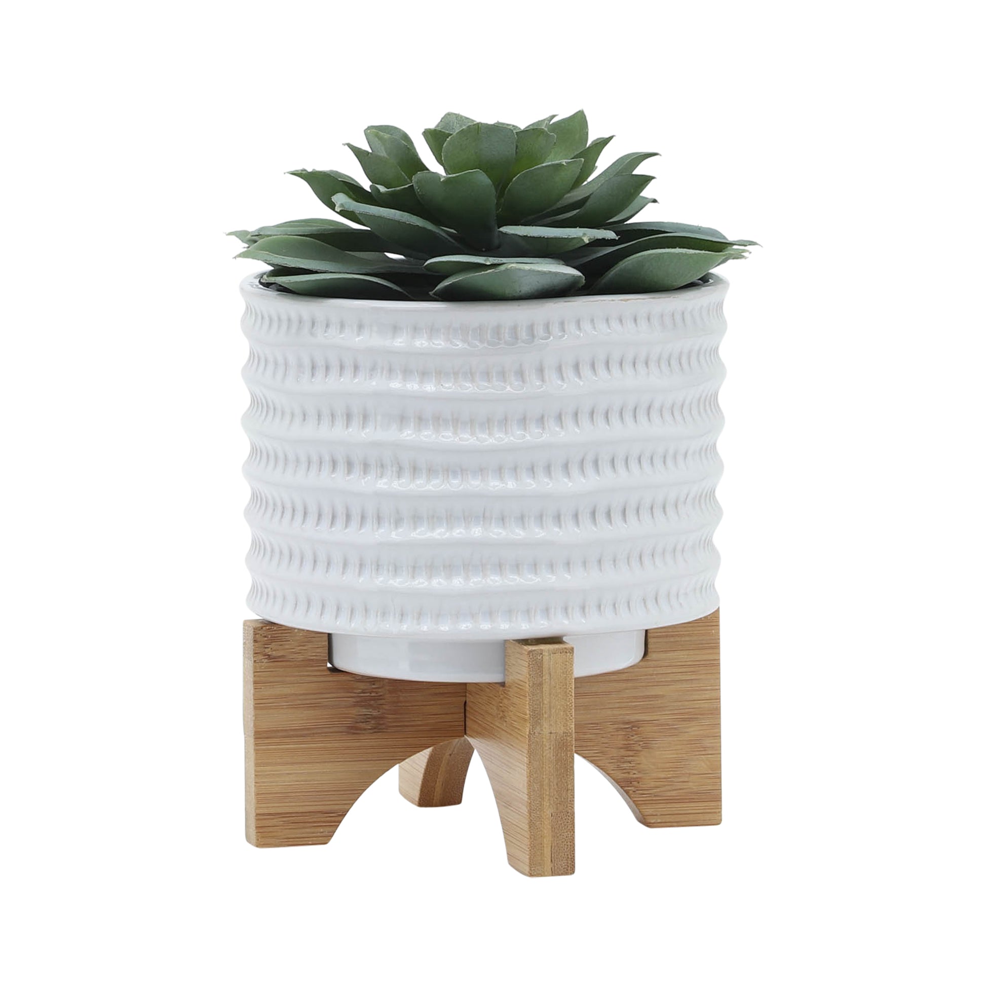 5" Textured Planter W Stand, White White Ceramic