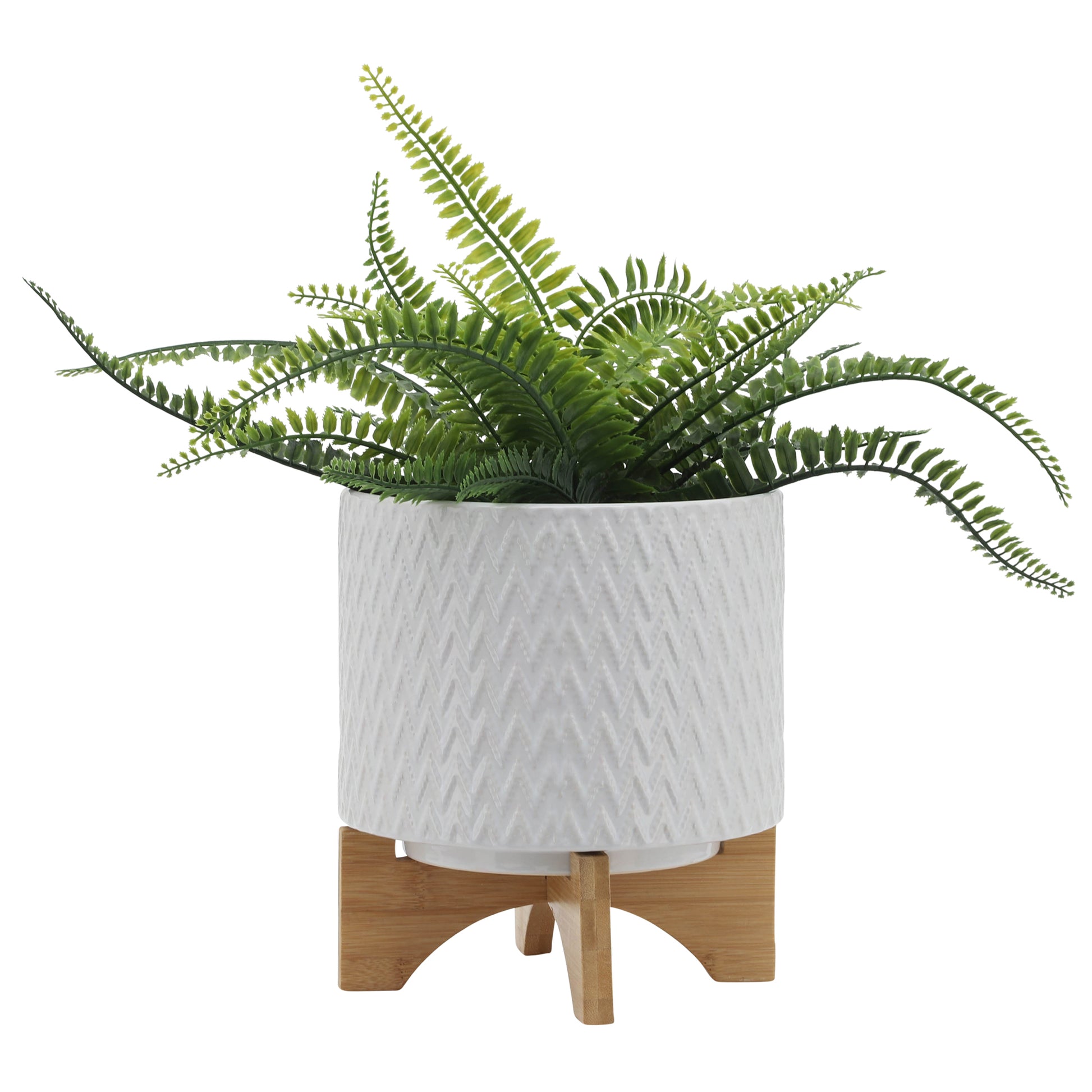 8" Chevron Planter W Stand, White White Ceramic