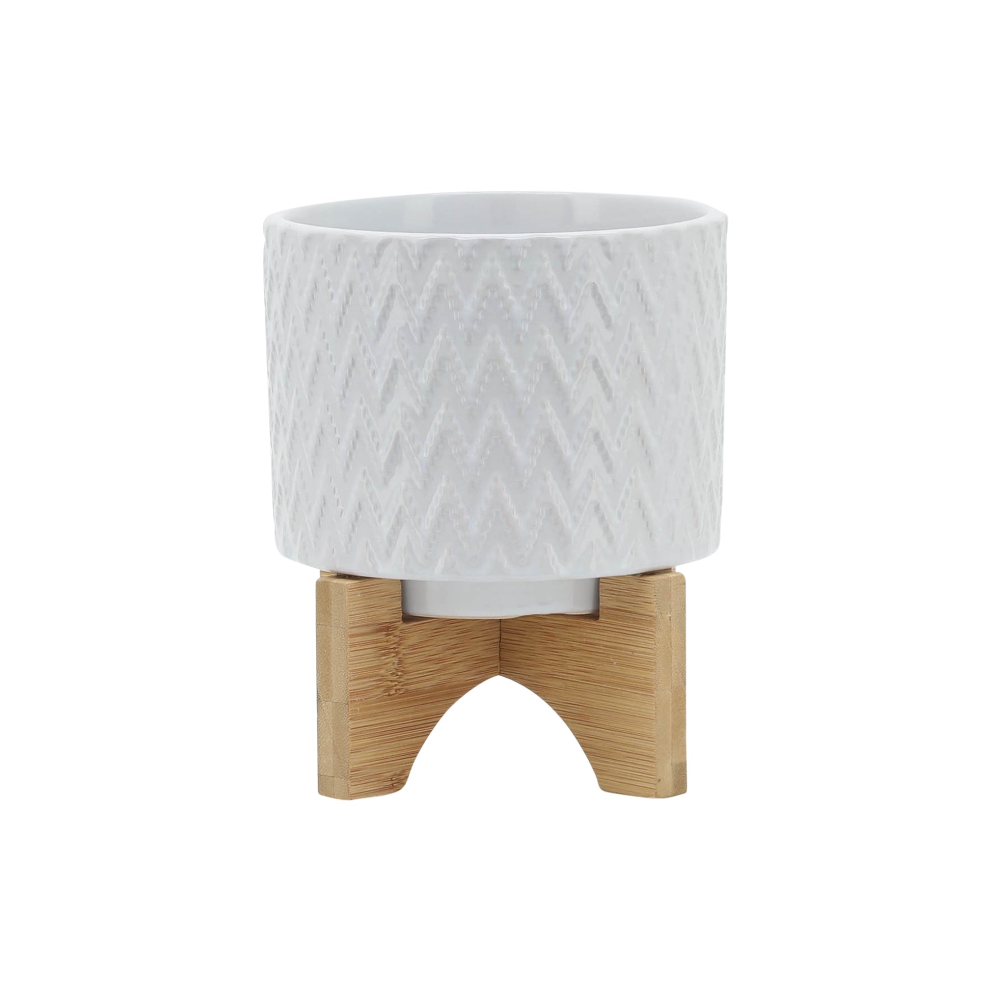 5" Chevron Planter W Stand, White White Ceramic