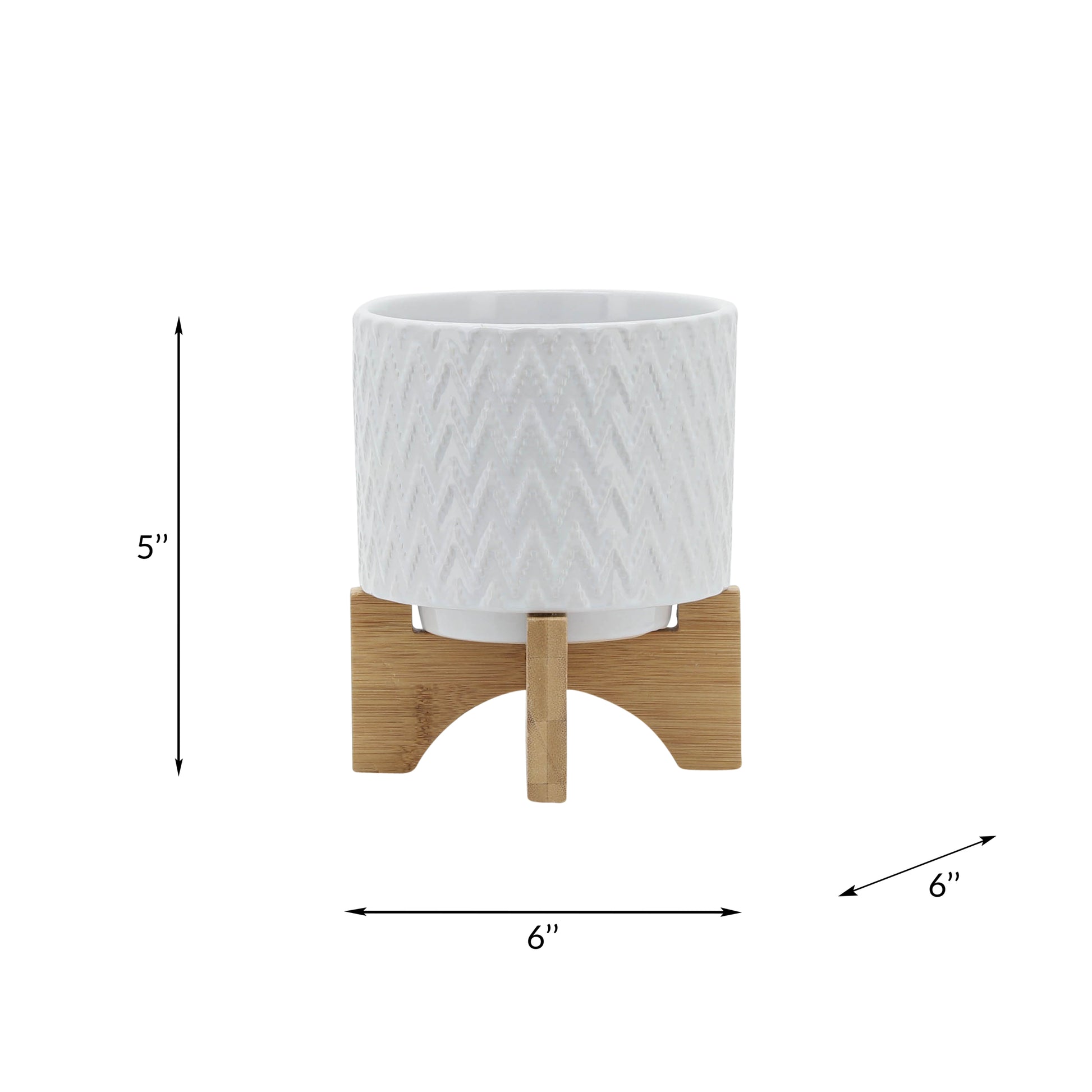 5" Chevron Planter W Stand, White White Ceramic