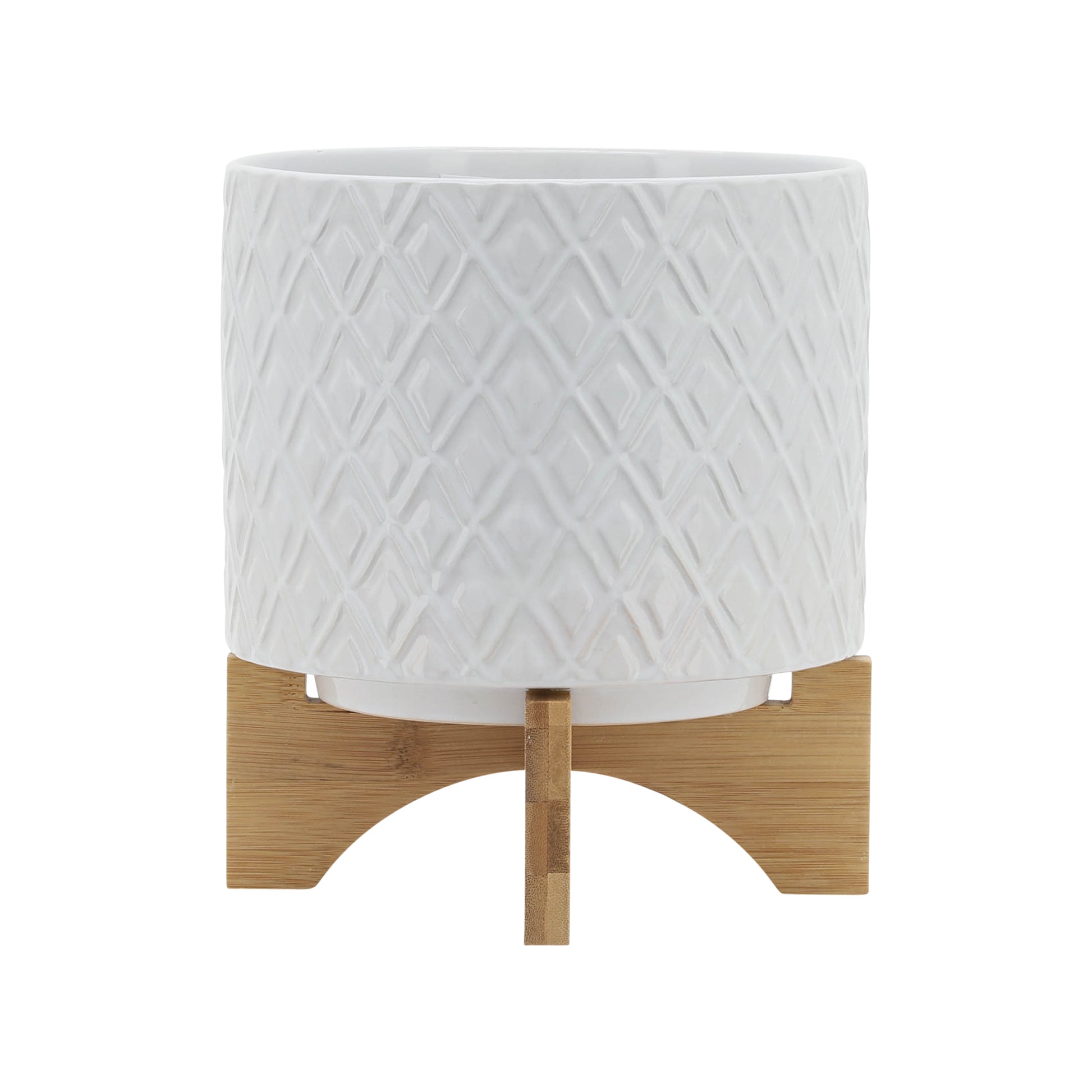 8" Diamond Planter W Stand, White White Ceramic