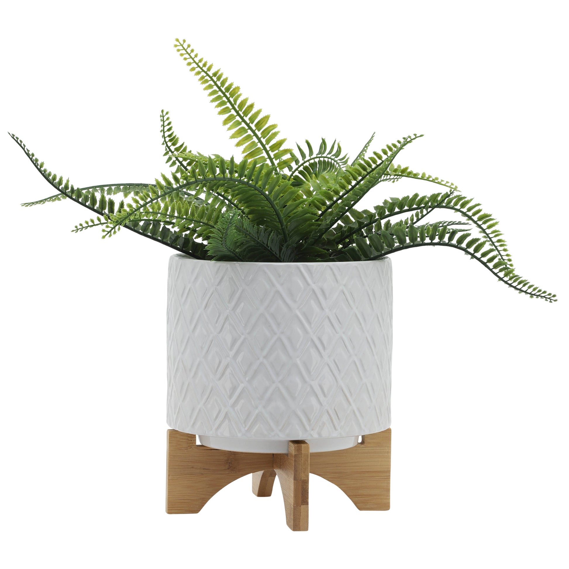 8" Diamond Planter W Stand, White White Ceramic