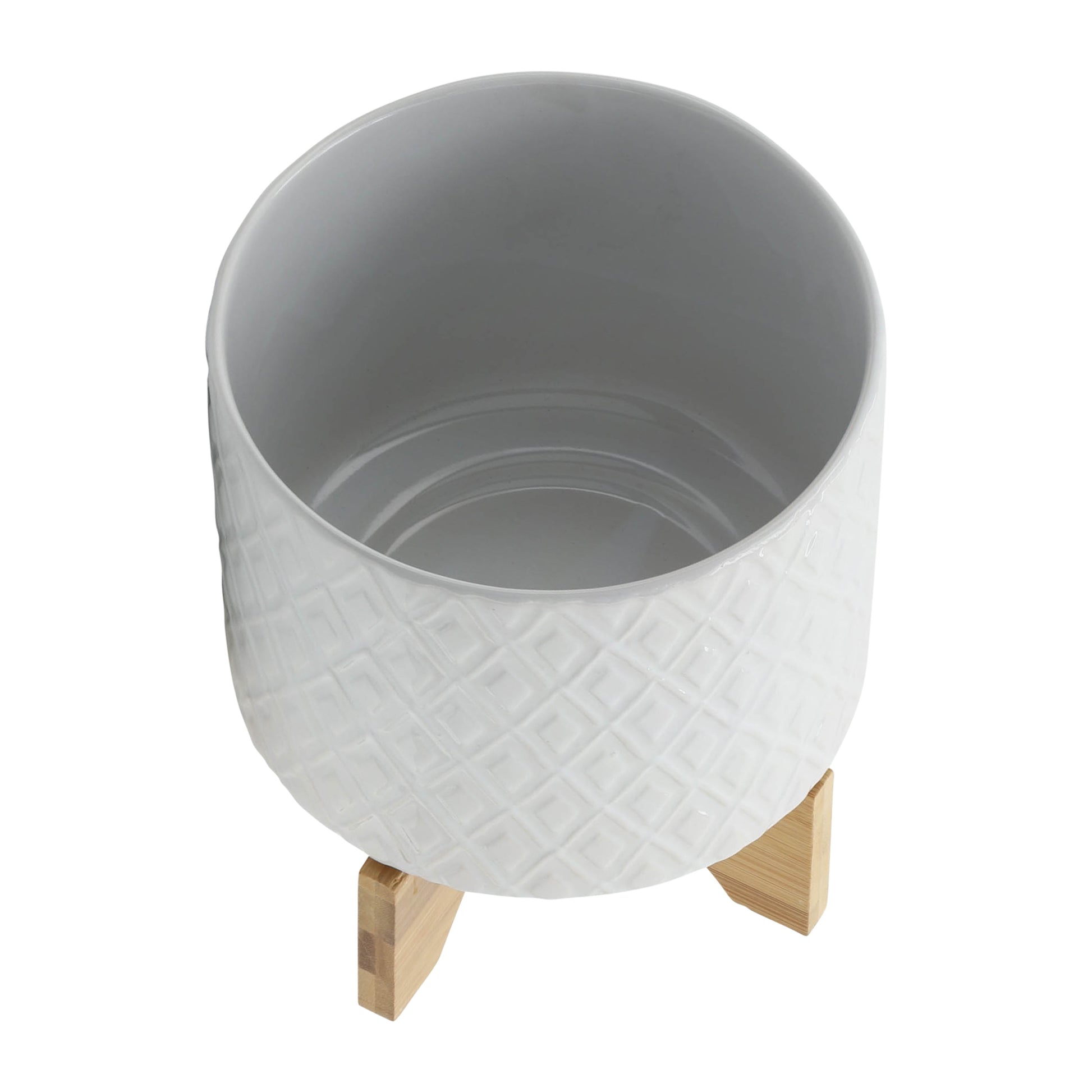 8" Diamond Planter W Stand, White White Ceramic