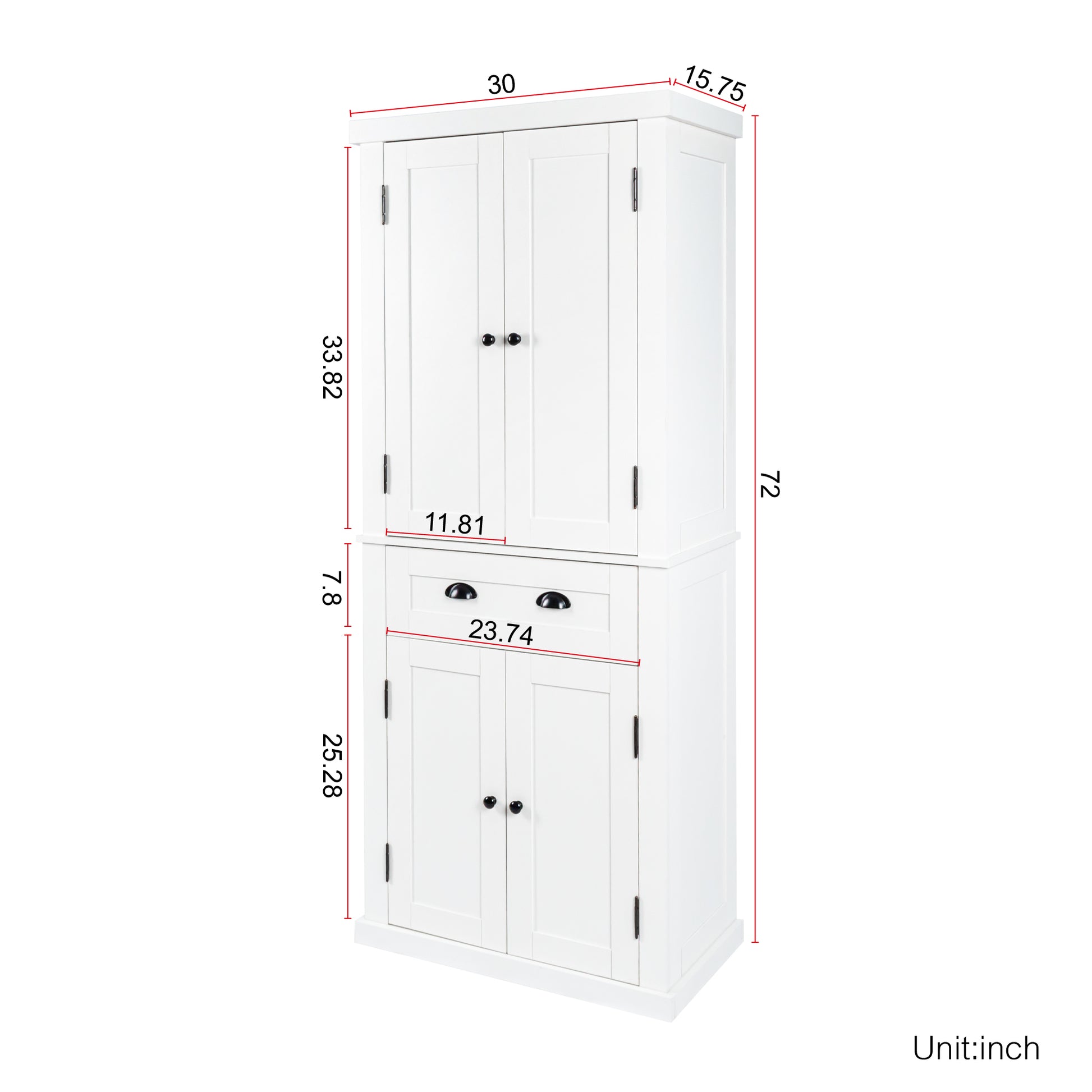 72" Kitchen Pantry Storage Cabinet, Traditional Freestanding Cupboard With 4 Doors And Adjustable Shelves, Large Central Drawer, White White Particle Board Mdf