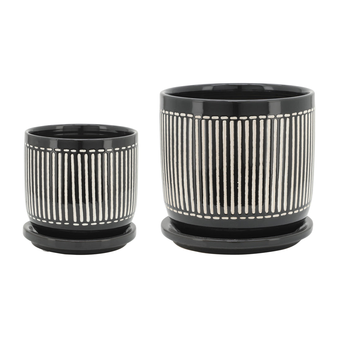 S 2 5 6" Vertical Lines Planter W Saucer, Black Black Ceramic