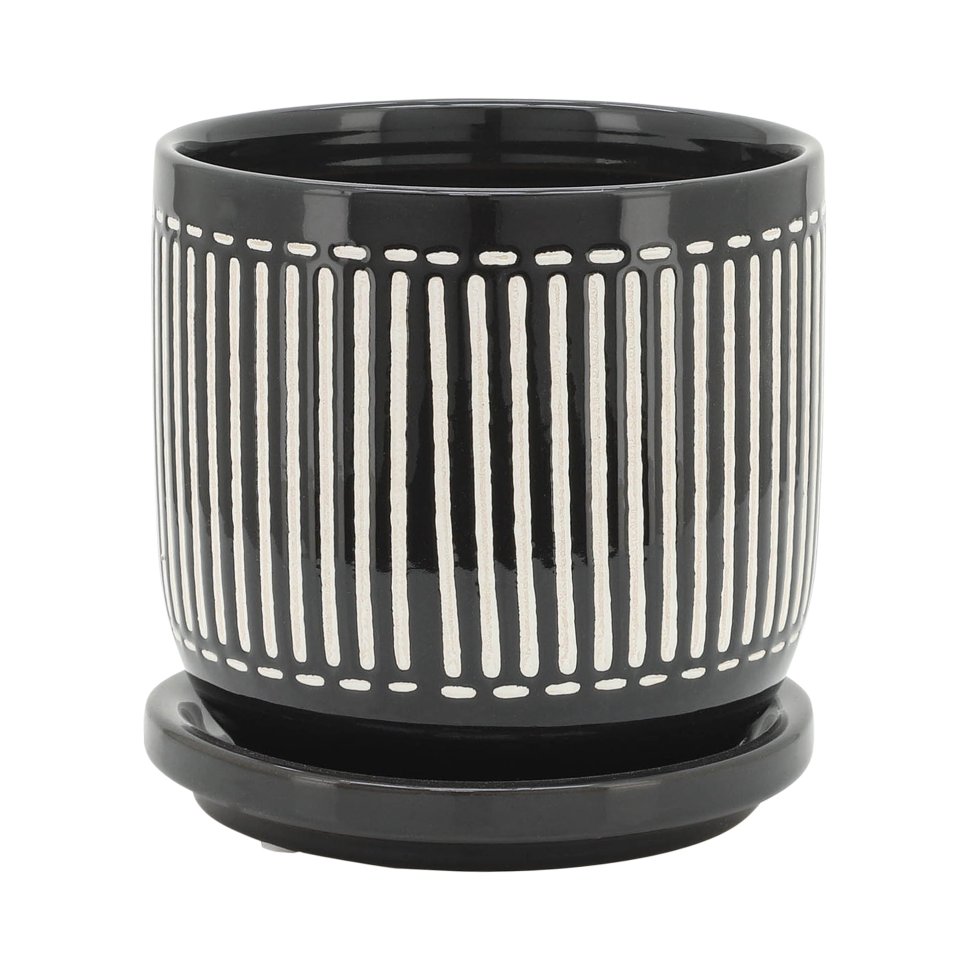 S 2 5 6" Vertical Lines Planter W Saucer, Black Black Ceramic