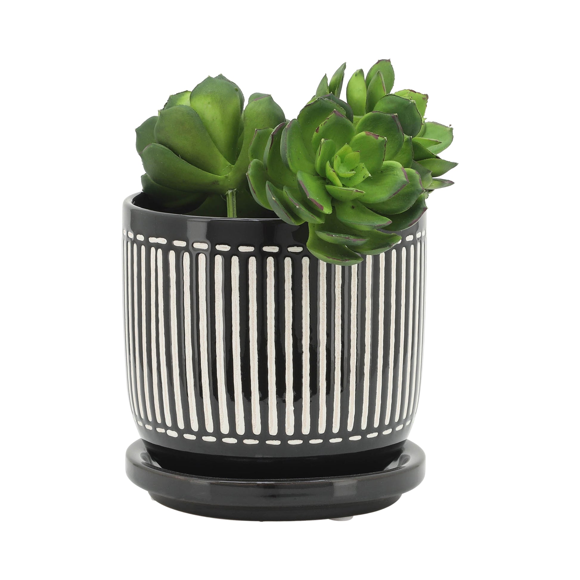 S 2 5 6" Vertical Lines Planter W Saucer, Black Black Ceramic