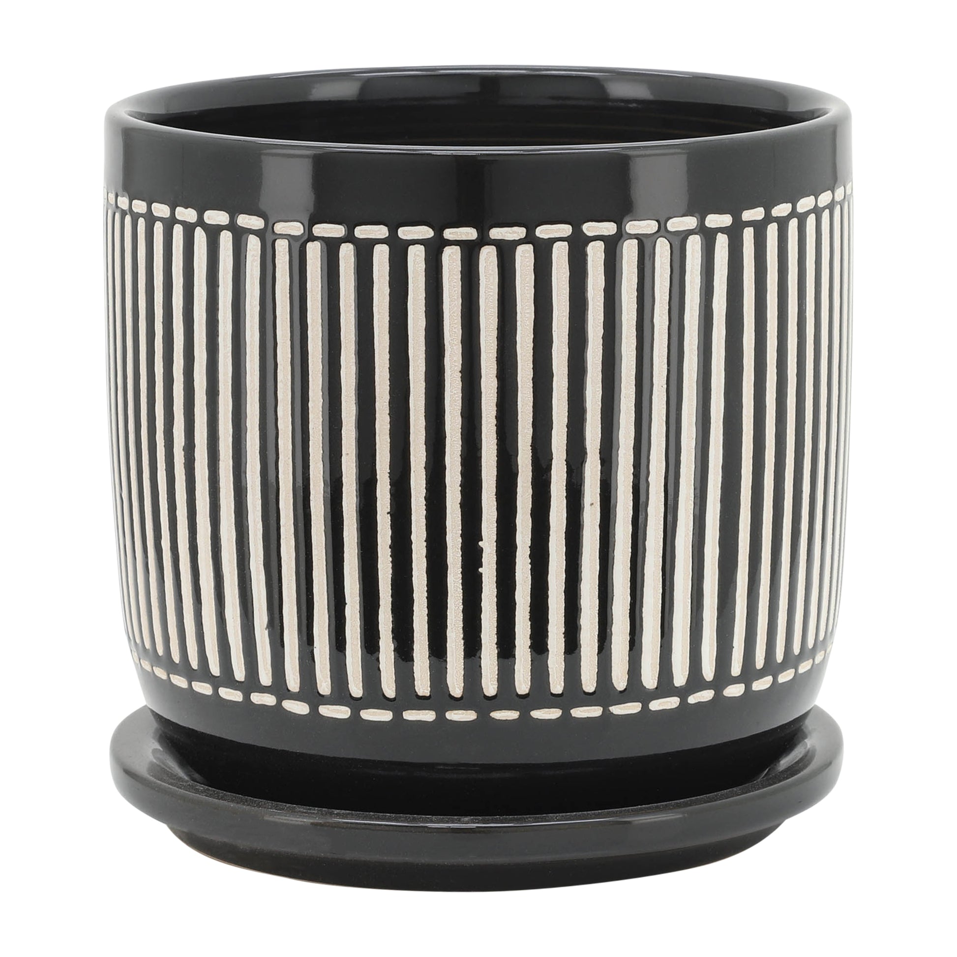 S 2 5 6" Vertical Lines Planter W Saucer, Black Black Ceramic