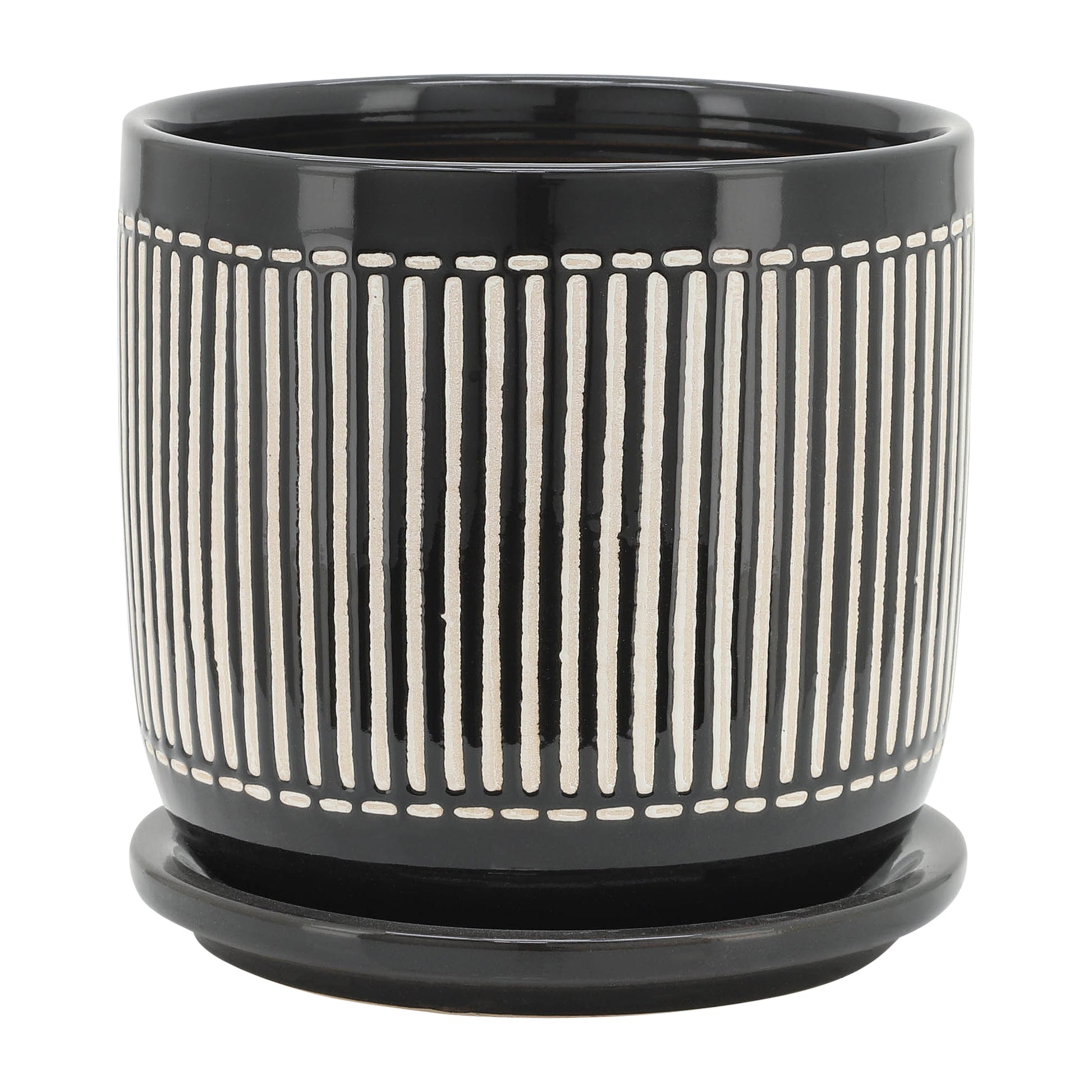 S 2 5 6" Vertical Lines Planter W Saucer, Black Black Ceramic