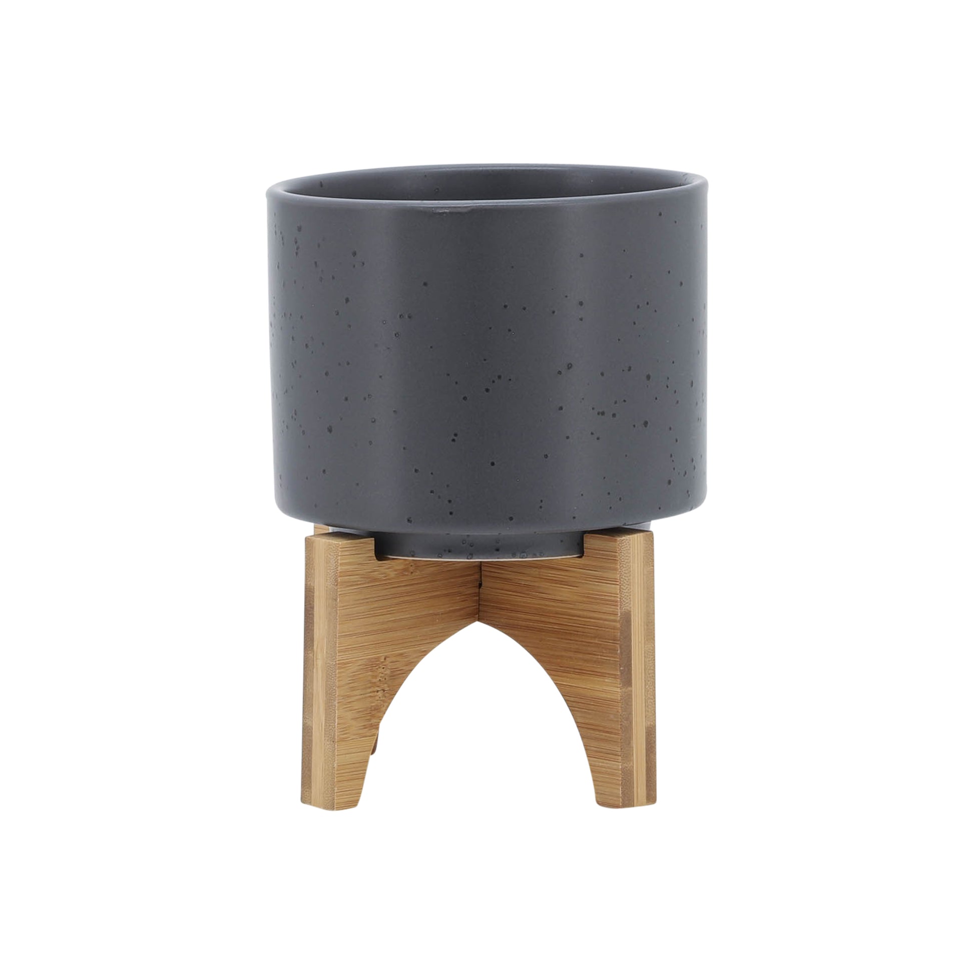 5" Planter W Wood Stand, Matte Gray Gray Ceramic