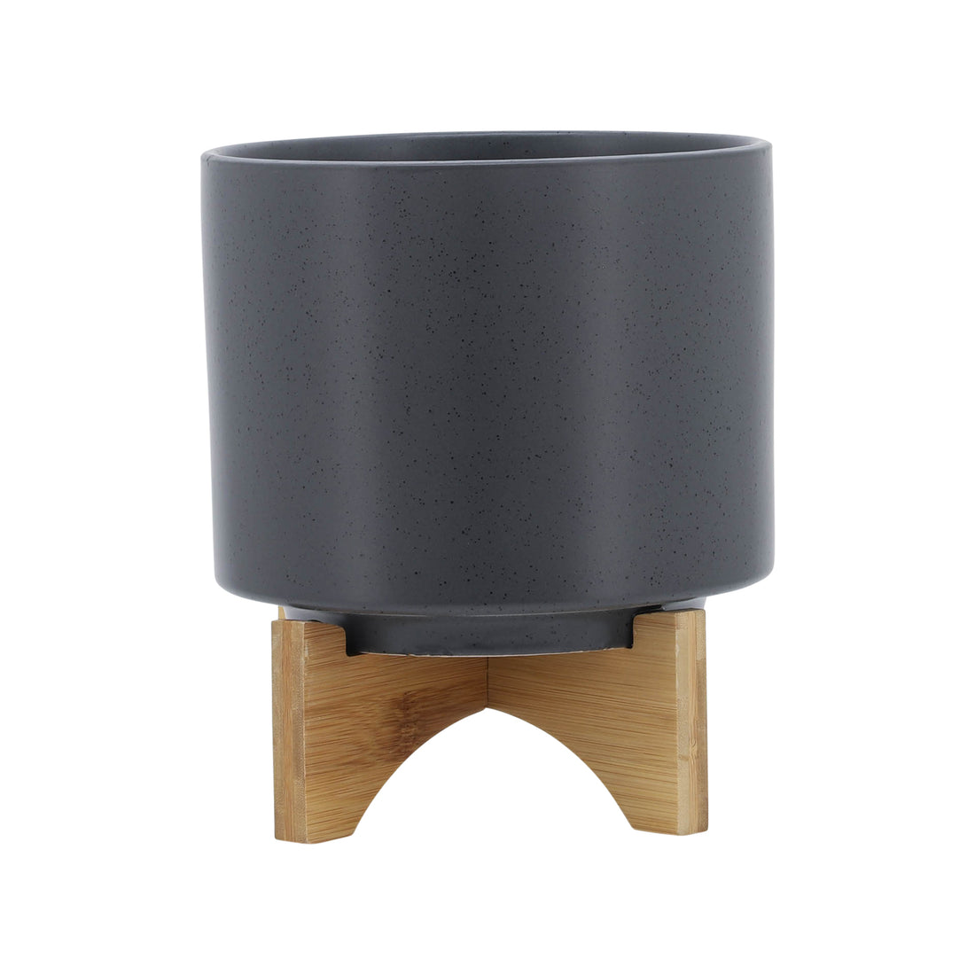 8" Planter W Wood Stand, Matte Gray Gray Ceramic