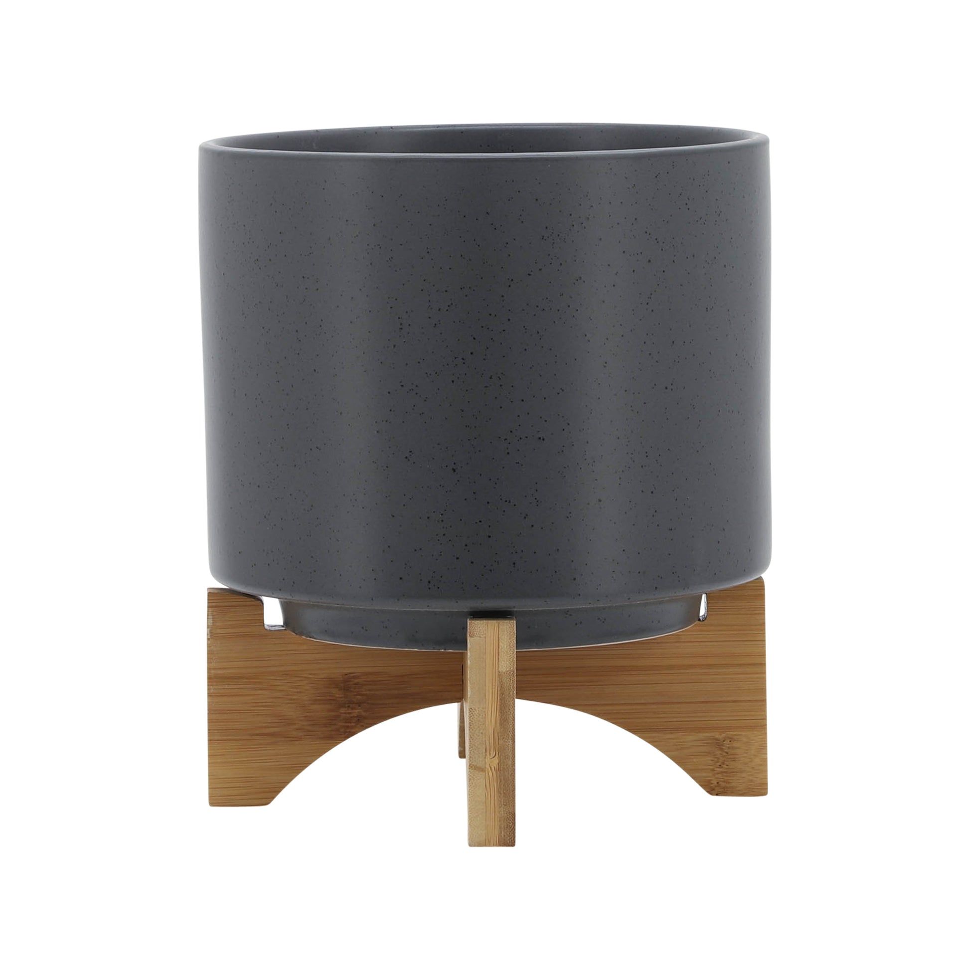 8" Planter W Wood Stand, Matte Gray Gray Ceramic