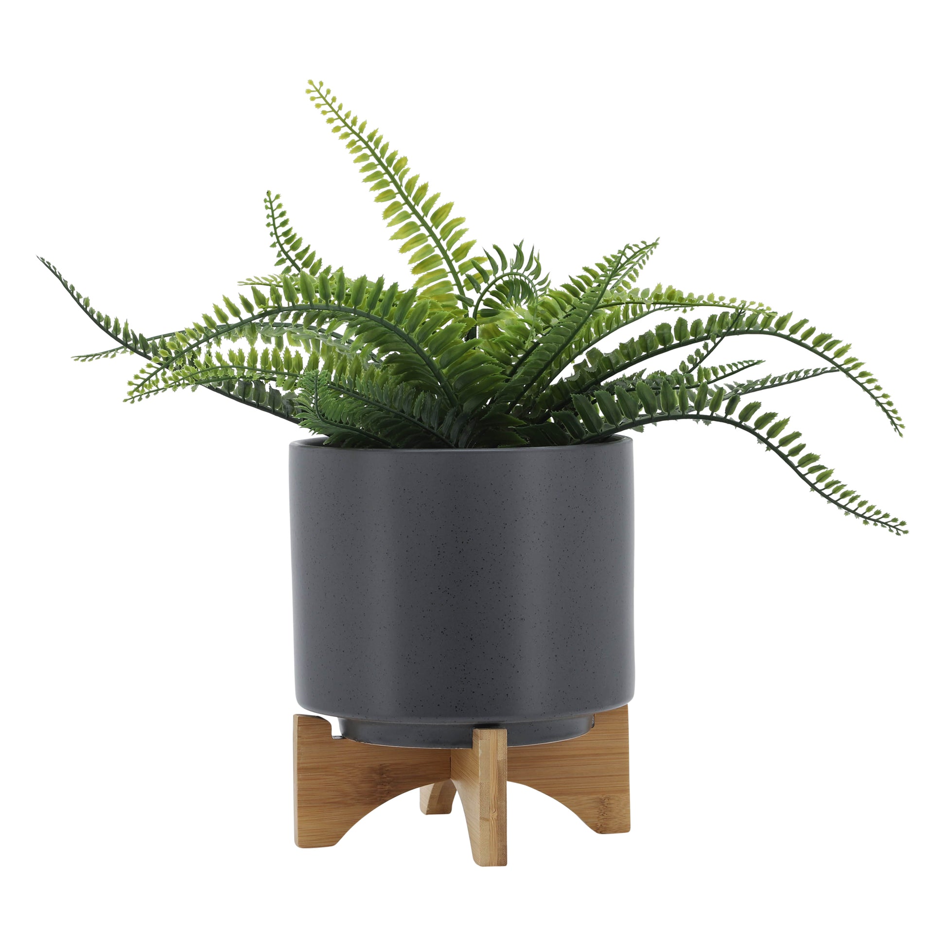 8" Planter W Wood Stand, Matte Gray Gray Ceramic