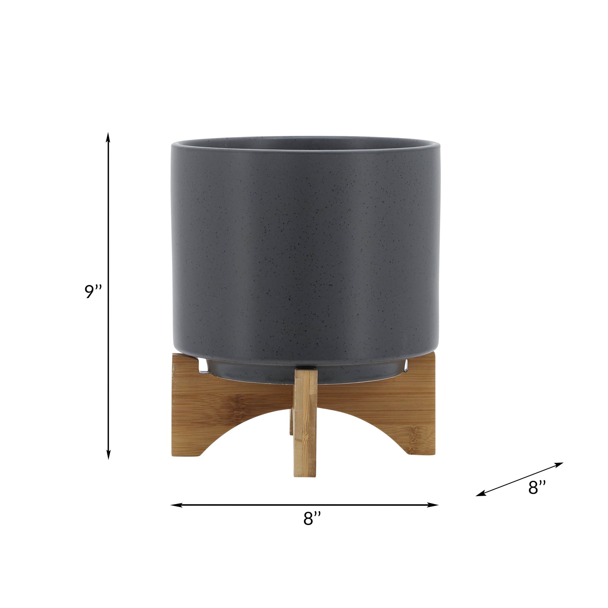 8" Planter W Wood Stand, Matte Gray Gray Ceramic