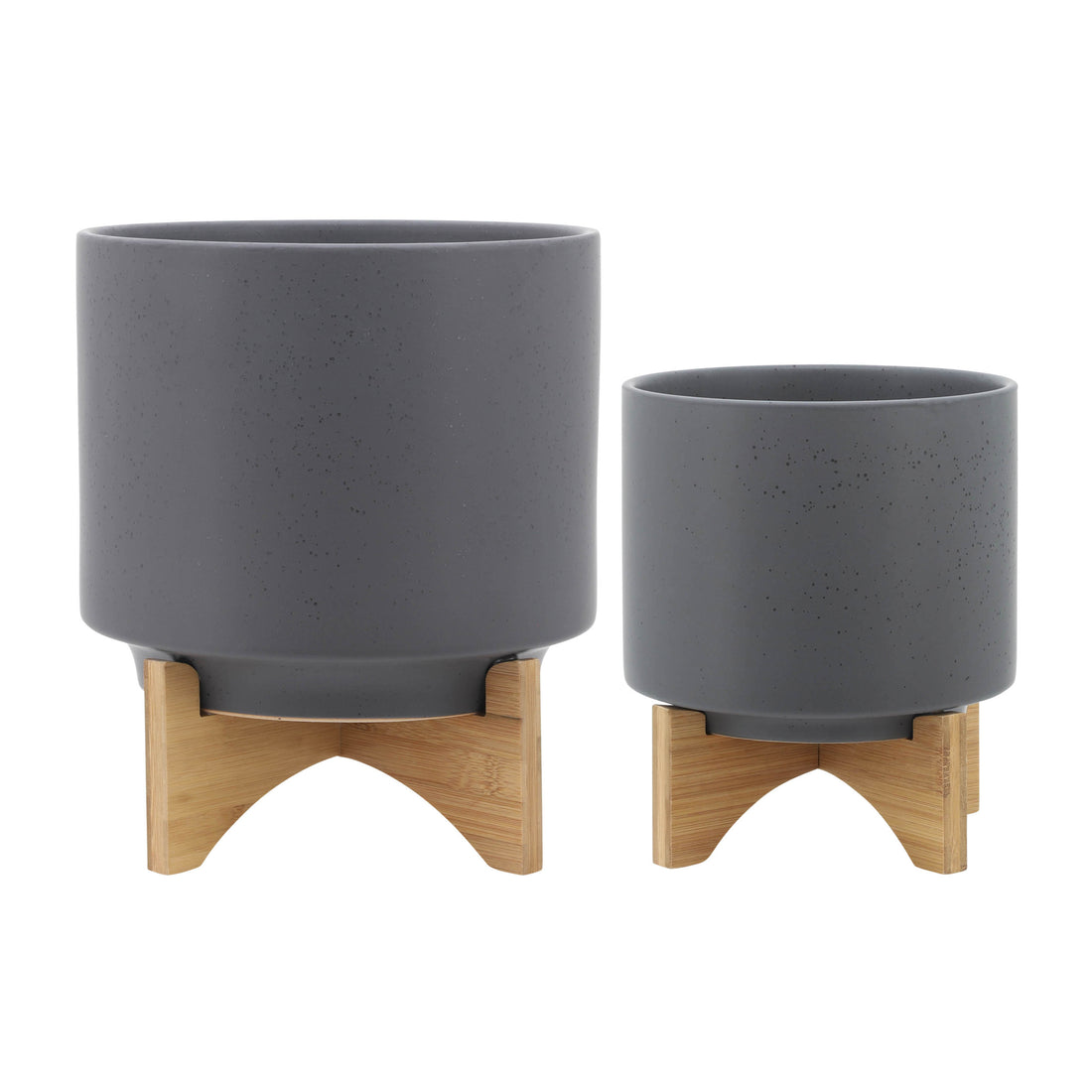 S 2 8 10" Planter W Wood Stand, Matte Gray Gray Ceramic