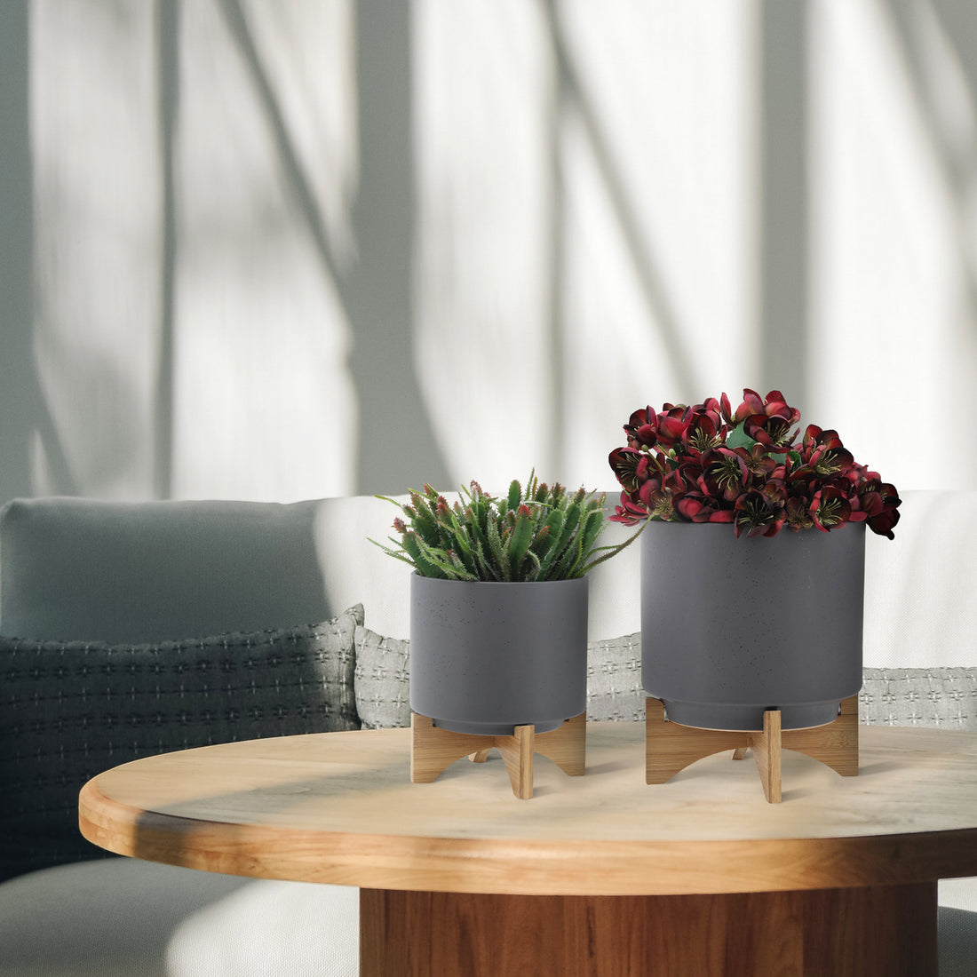 S 2 8 10" Planter W Wood Stand, Matte Gray Gray Ceramic